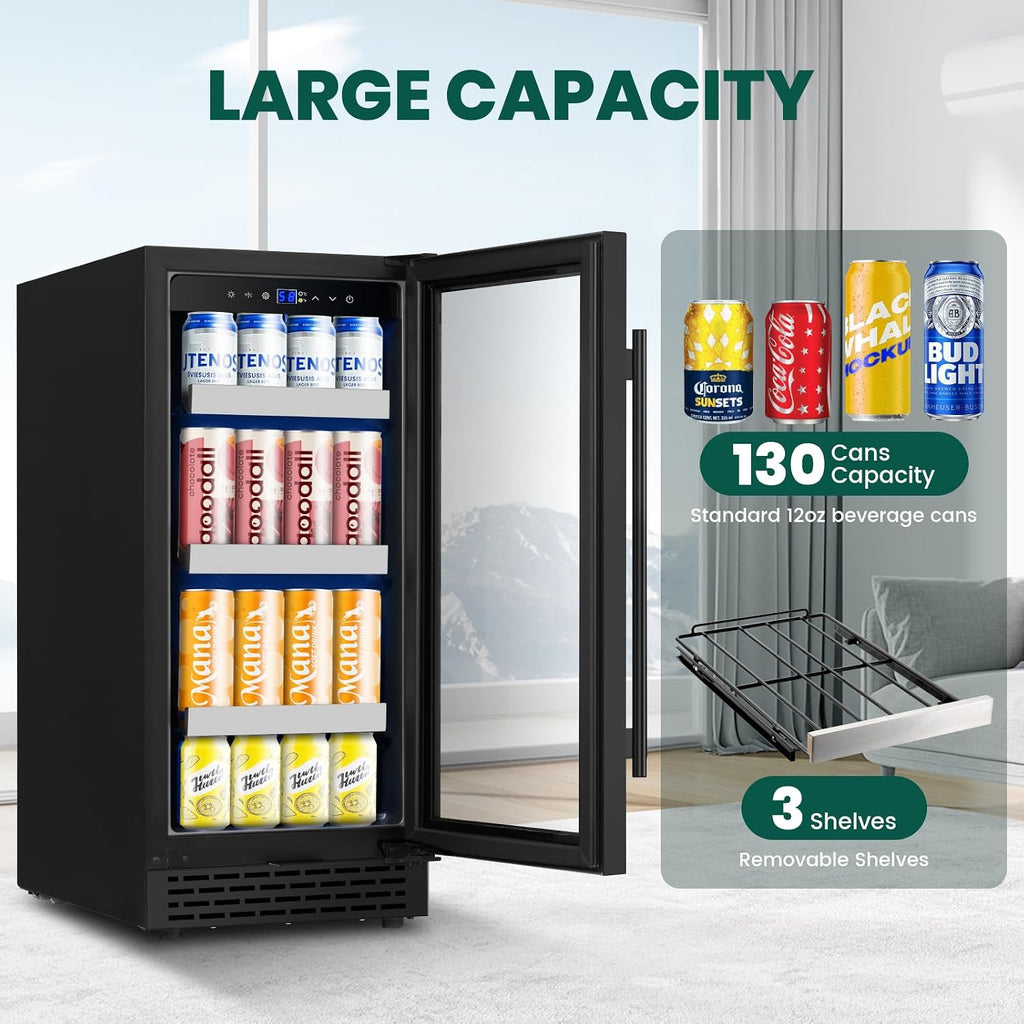 15 Inch Black Beverage Refrigerator,130 Cans Beverage Cooler Under Counter/Freestanding with Glasses Door,Drink Fridge Upgraded Compressor and Reversible Door for Beer,Soda,Juice-Home,Office