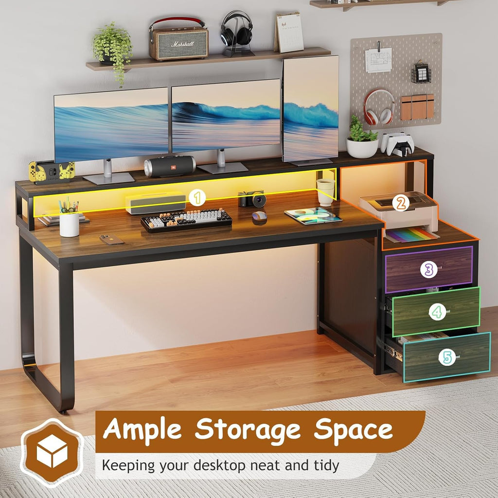 HOMBCK 67' Computer Desk with 3 Drawers, Home Office Desk with Long Monitor Stand and Printer Space, Office Desk with Storage & LED Lights, Writing Desk with Drawers, Black and Walnut