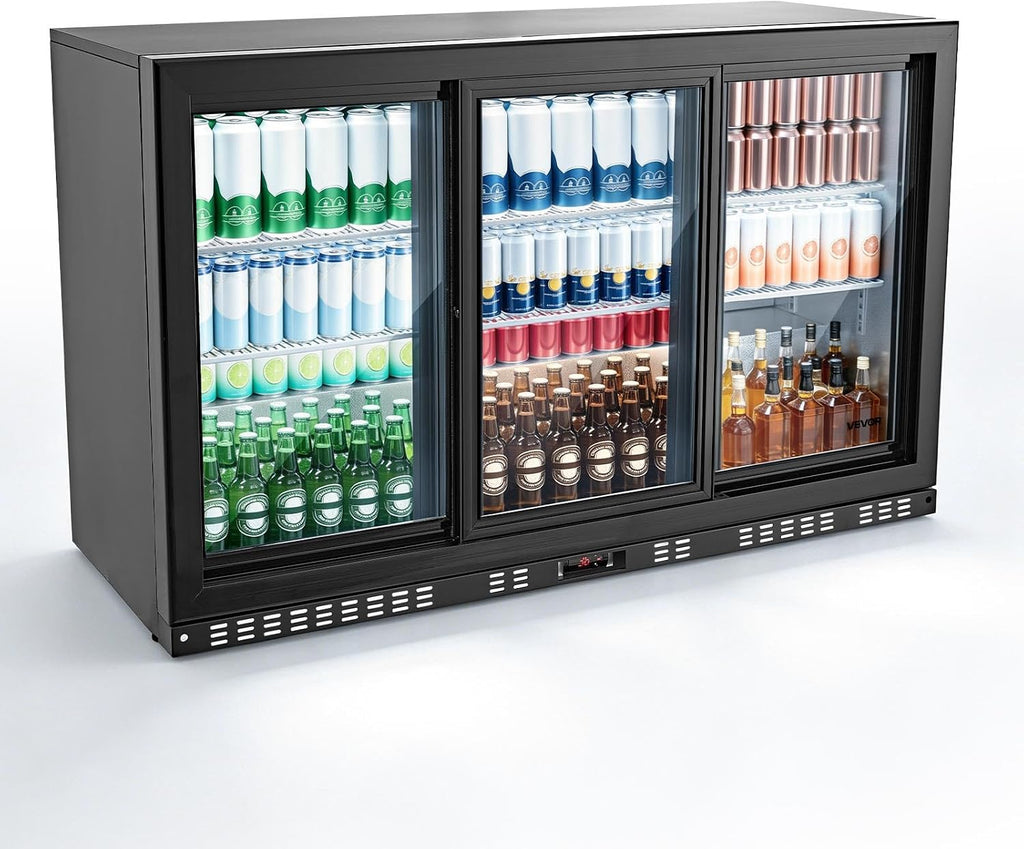 VEVOR Back Bar Cooler, 11.4 Cu.Ft Commercial Beverage Refrigerator, 3 Sliding Glass Doors, Fan Cooling Under Counter Beer Fridge w/LED Lighting, Shelves, Low-E Glass Display for Drinks, Bar, Store