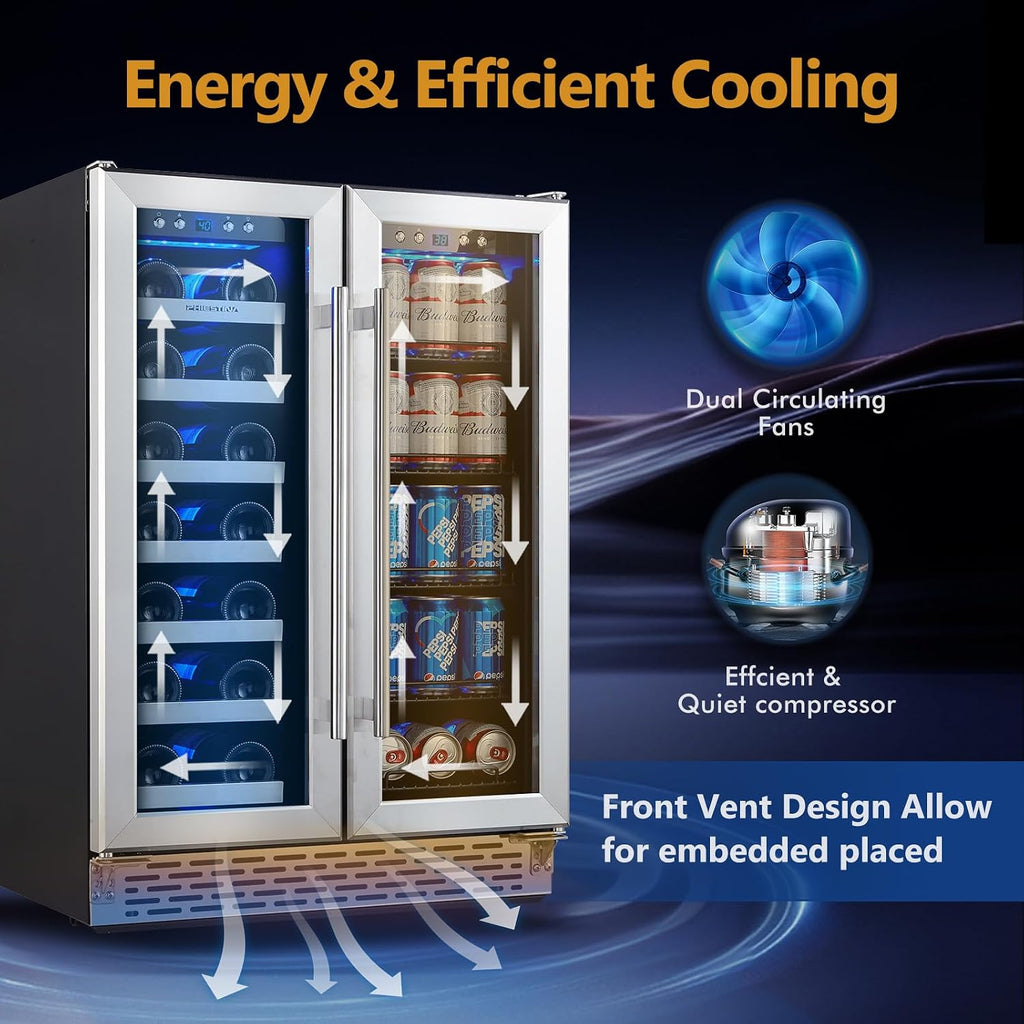 Phiestina Wine and Beverage Refrigerator, 24'' Wine Cooler- 20 Bottles&78 Cans, Built-in/Freestanding Dual Zone Wine Fridge with Glass Door, Removable Shelves for Home/Bar/Office