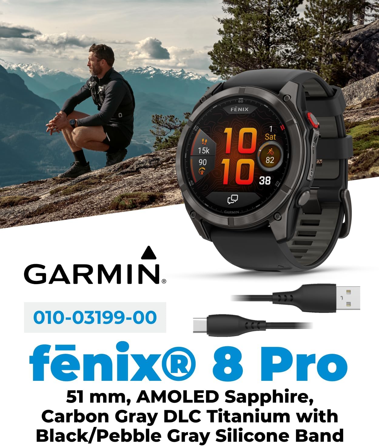 Wearable4U Garmin Fenix 8 Pro – 51mm AMOLED LTE & Satellite Connected Multisport GPS Smartwatch, inReach Technology: Sapphire Carbon Gray DLC Titanium w/Black-Pebble Gray Silicone Band Power Bundle