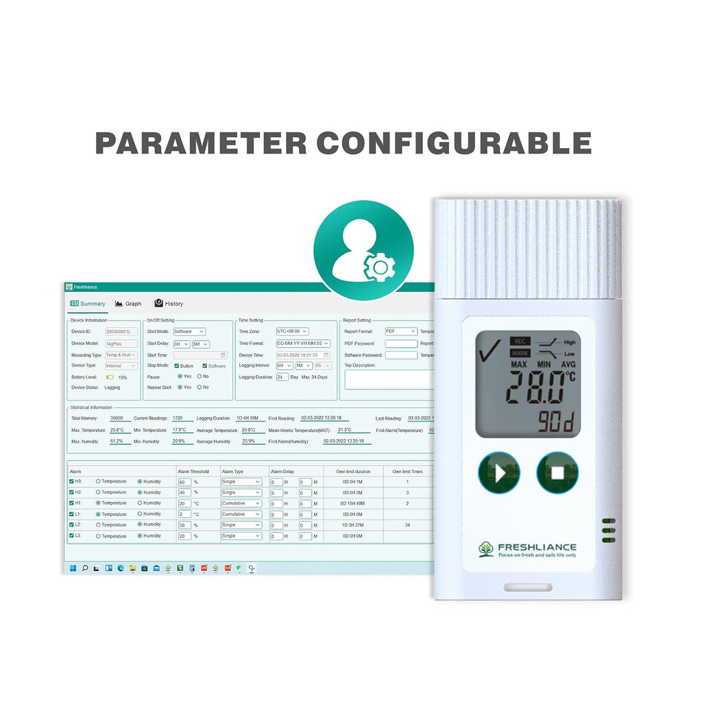 Freshliance USB Temperature Data Logger Recorder, Configurable LCD Digital Refrigerator Thermometer with PDF or CSV Report, Reuseable Temperature Monitor for 35000 Points, Tagplus-T