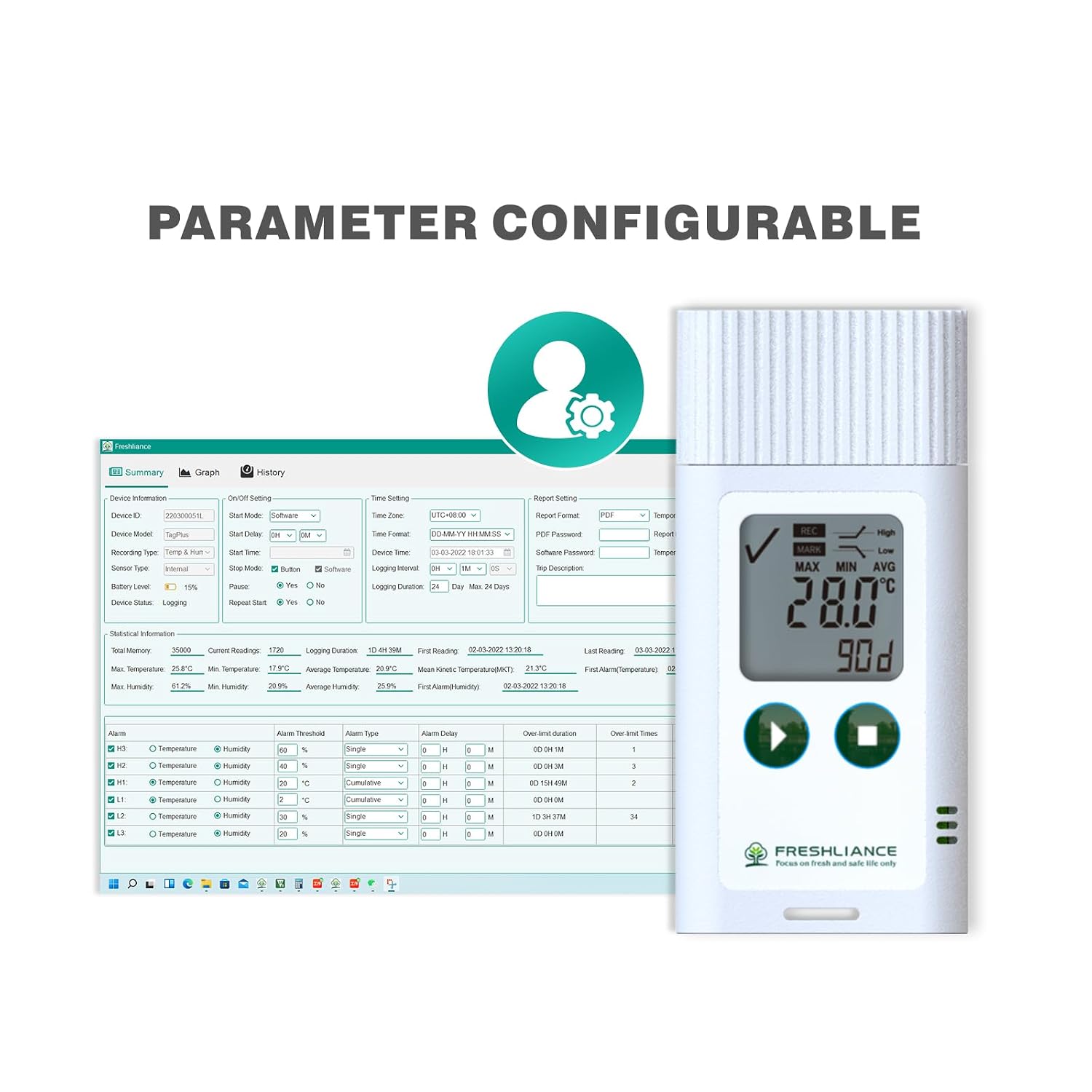 Freshliance USB Temperature Data Logger Recorder, Configurable LCD Digital Refrigerator Thermometer with PDF or CSV Report, Reuseable Temperature Monitor for 35000 Points, Tagplus-T