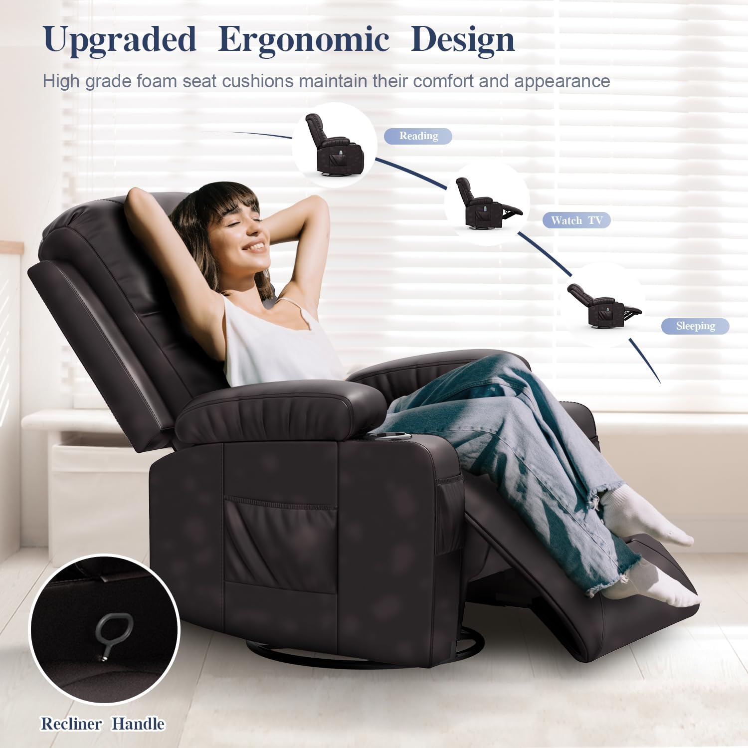Recliner Chairs for Adults, FSC Certified Massage Rocker with Heated Modern Ergonomic Lounge 360 Degree Swivel Single Sofa Seat Living Room Lounge Recliners Brown