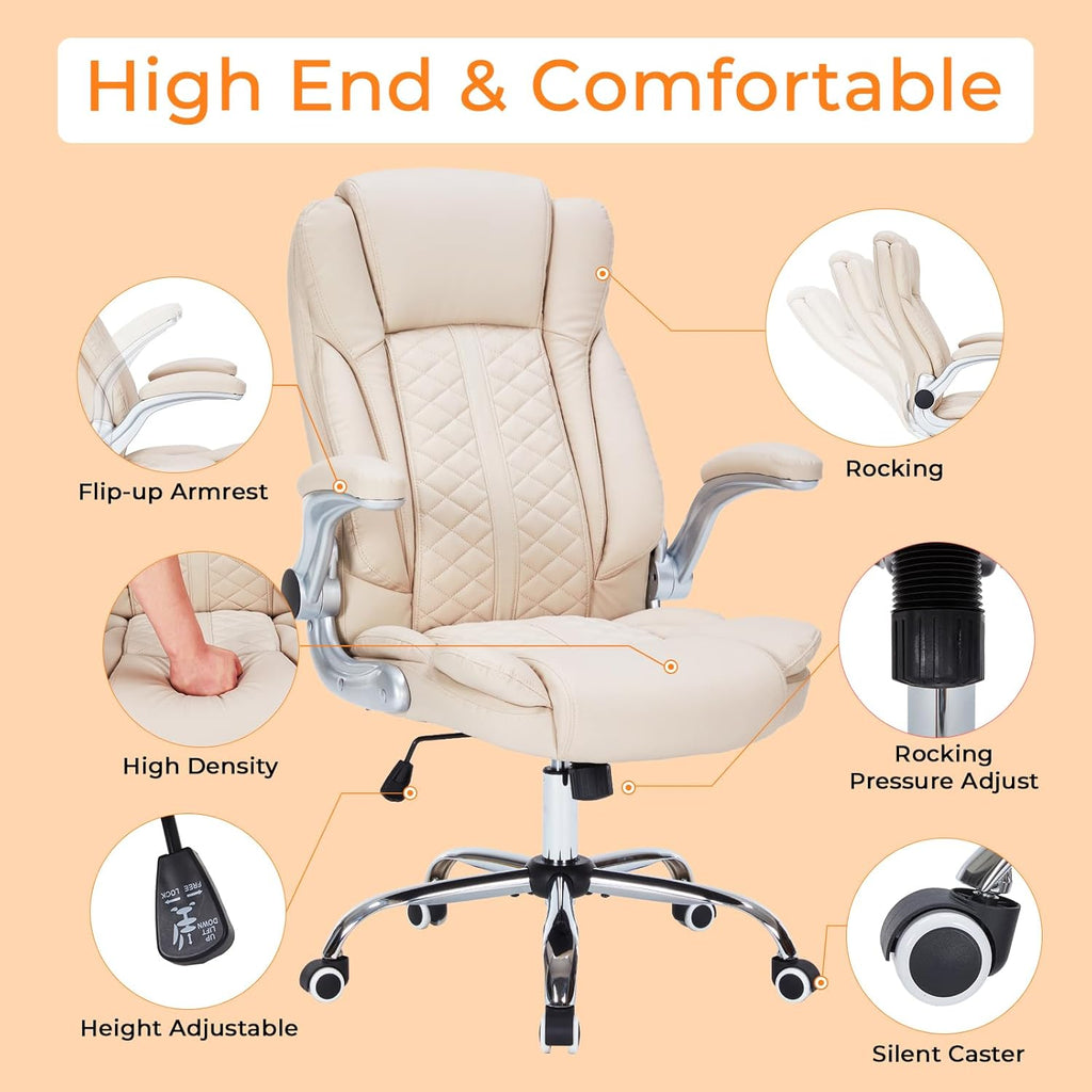 400lbs Executive Office Chair with Flip-Up Armrests, Big and Tall Computer Chair for Heavy People, Heavy Duty Ergonomic Comfy Chair, Breathable PU Leather (Cream)