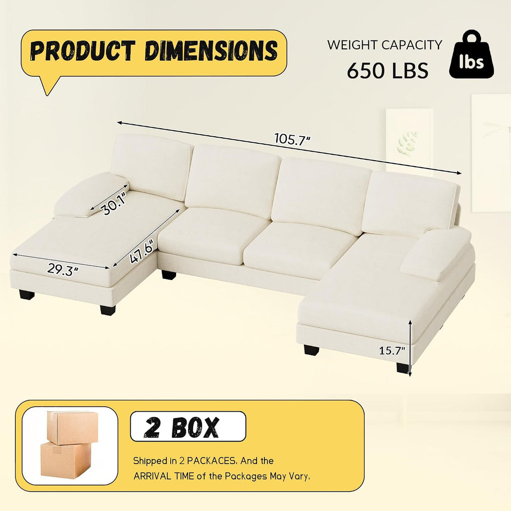 JUMMICO Sectional Couches for Living Room, U Shaped Couch with Chenille Fabric, 4 Seat Modern Sofa with Removable Pillows for Apartment and Small Space (Fabric, White)