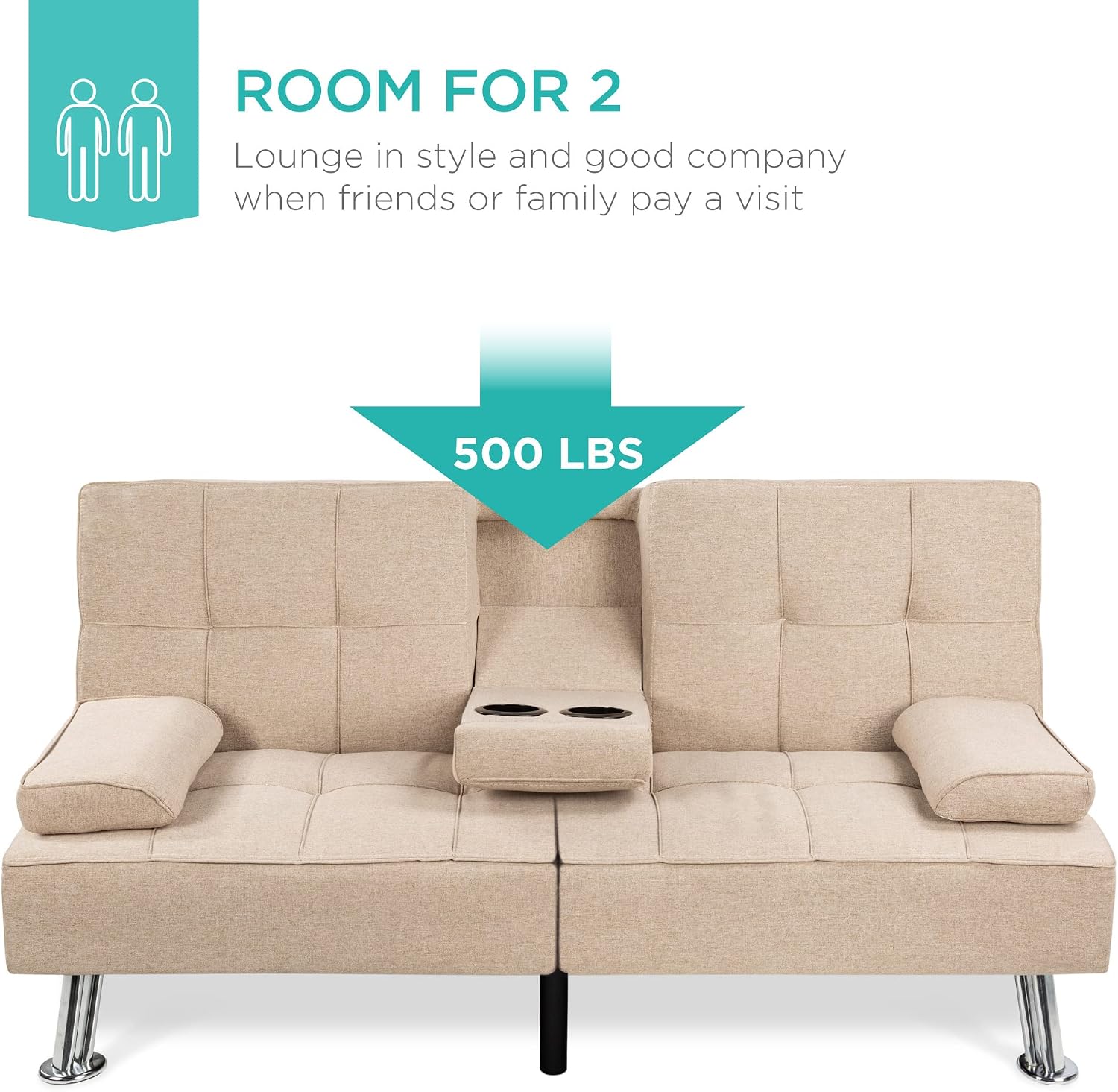 Best Choice Products Linen Modern Folding Futon, Reclining Sofa Bed for Apartment, Dorm w/Removable Armrests, 2 Cupholders - Beige