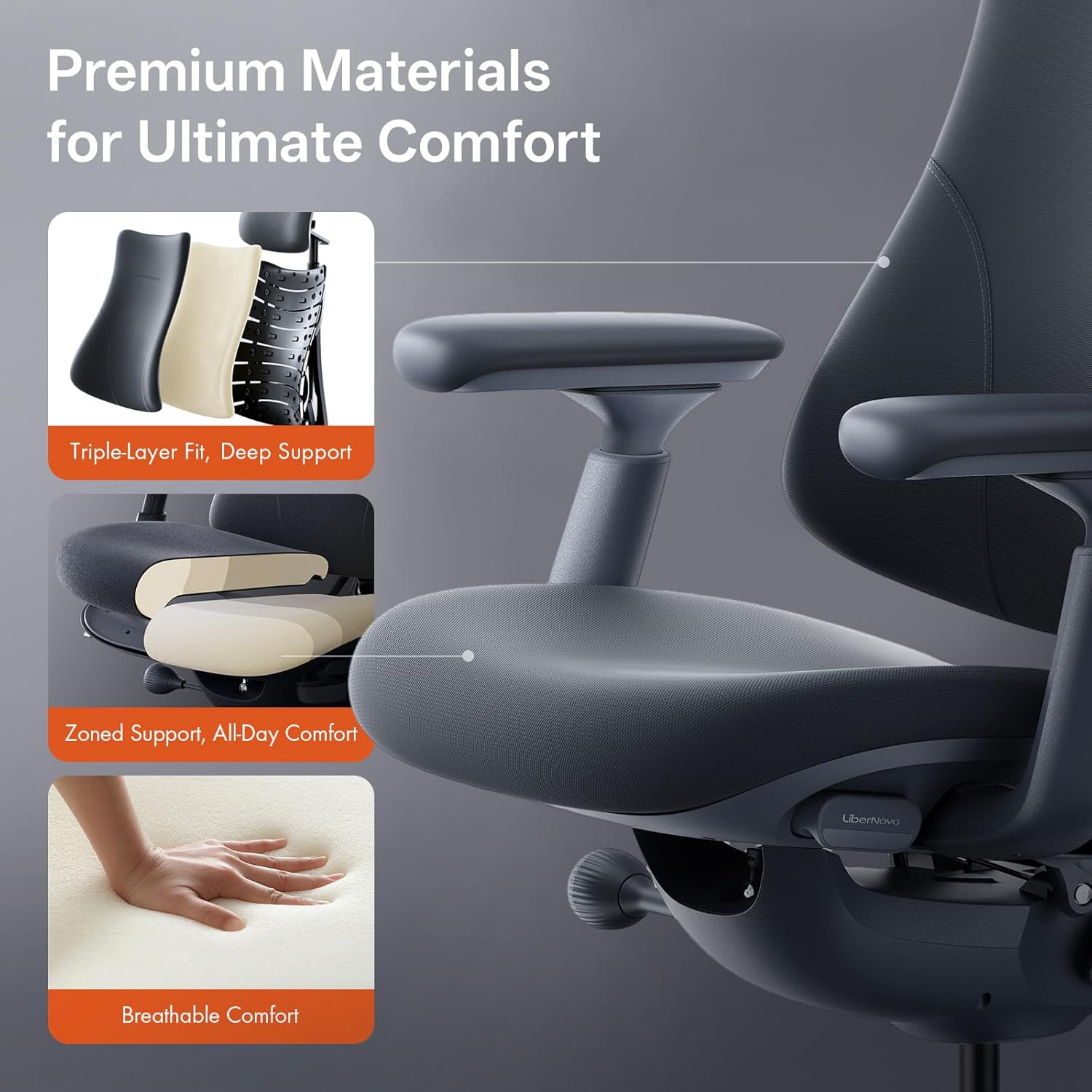 LiberNovo Dynamic Ergonomic Office Chair - Comfy Adjustable Desk Chair with Adaptive Lumbar Support, 160° Recline & Built-in Spine Stretch for Back Comfort, Home Office Long Hours Use, Black+45cm