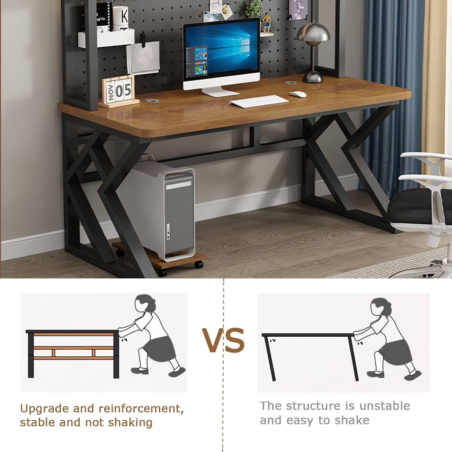 39.3in Gaming Desk with Bookshelf Combo, Computer Desk with Pegboard, Large Writing Table with Desktop Shelves, Ample Leg Room, for Home Office (Brown, 39.3in)