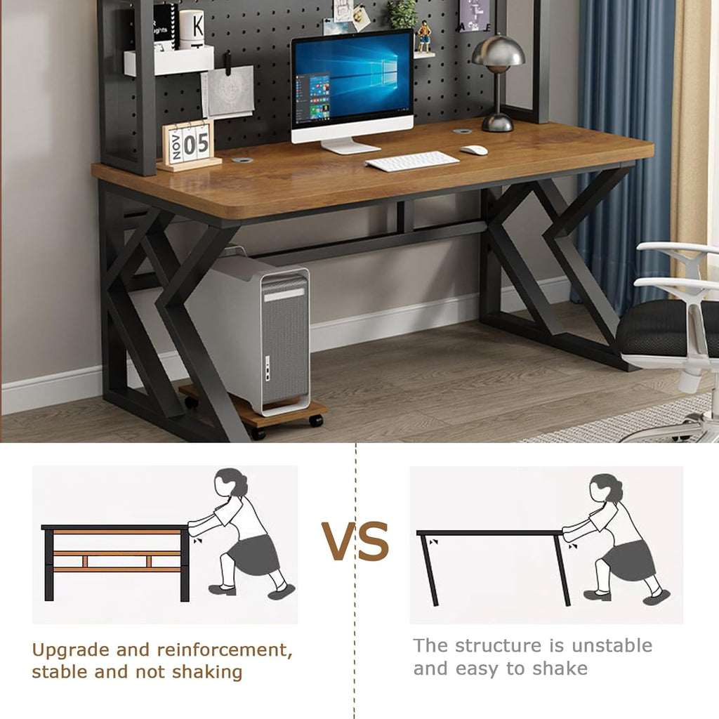 47in Gaming Desk with Bookshelf Combo, Computer Desk with Pegboard, Large Writing Table with Desktop Shelves, Ample Leg Room, for Home Office (Brown, 47in)