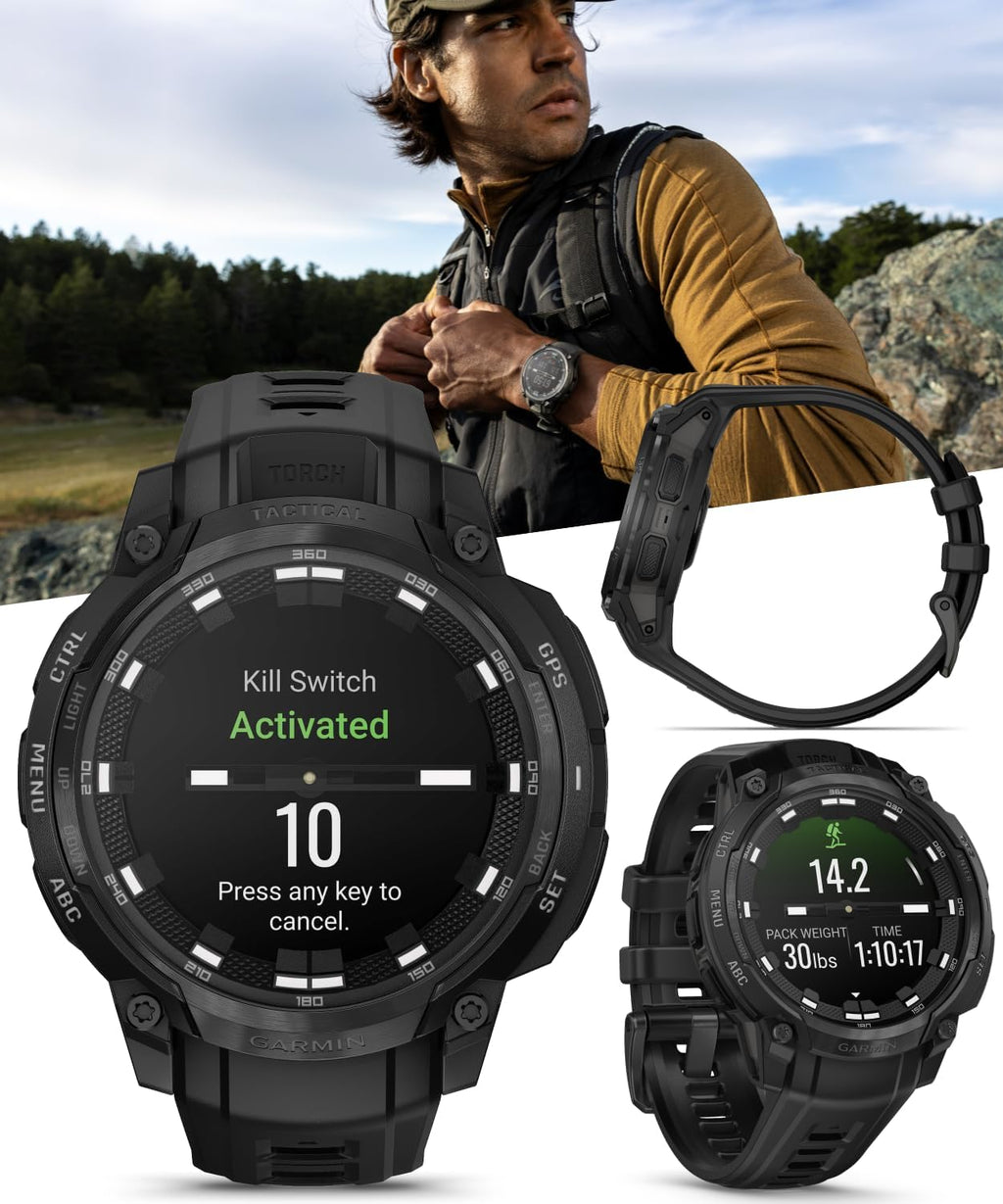 Garmin Instinct Crossover Tactical Edition Rugged Hybrid GPS Smartwatch, 1.2' AMOLED Sapphire, Analog Hands, Jumpmaster Activity, Applied Ballistics Black Earbuds Bundle