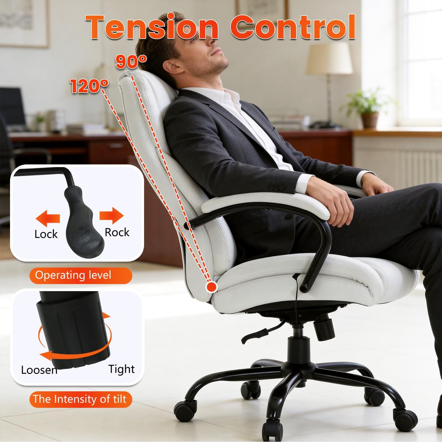 Office Chair Desk Chair Computer Chair with Lumbar Support Headrest Armrest Swivel Rolling PU Leather Task Big and Tall 500lb Wide Seat Massage Ergonomic Chair Adjustable for Adults Women(Cream)