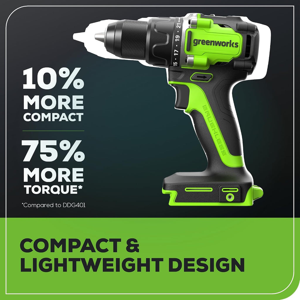 Greenworks 24V Brushless Cordless Compact 1/2 in. Drill/Driver Kit (Keyless Ratcheting Metal Chuck /530 in.-lbs. /21+1 Clutch Position/LED Light), 2×2Ah Battery and Fast Charger Included