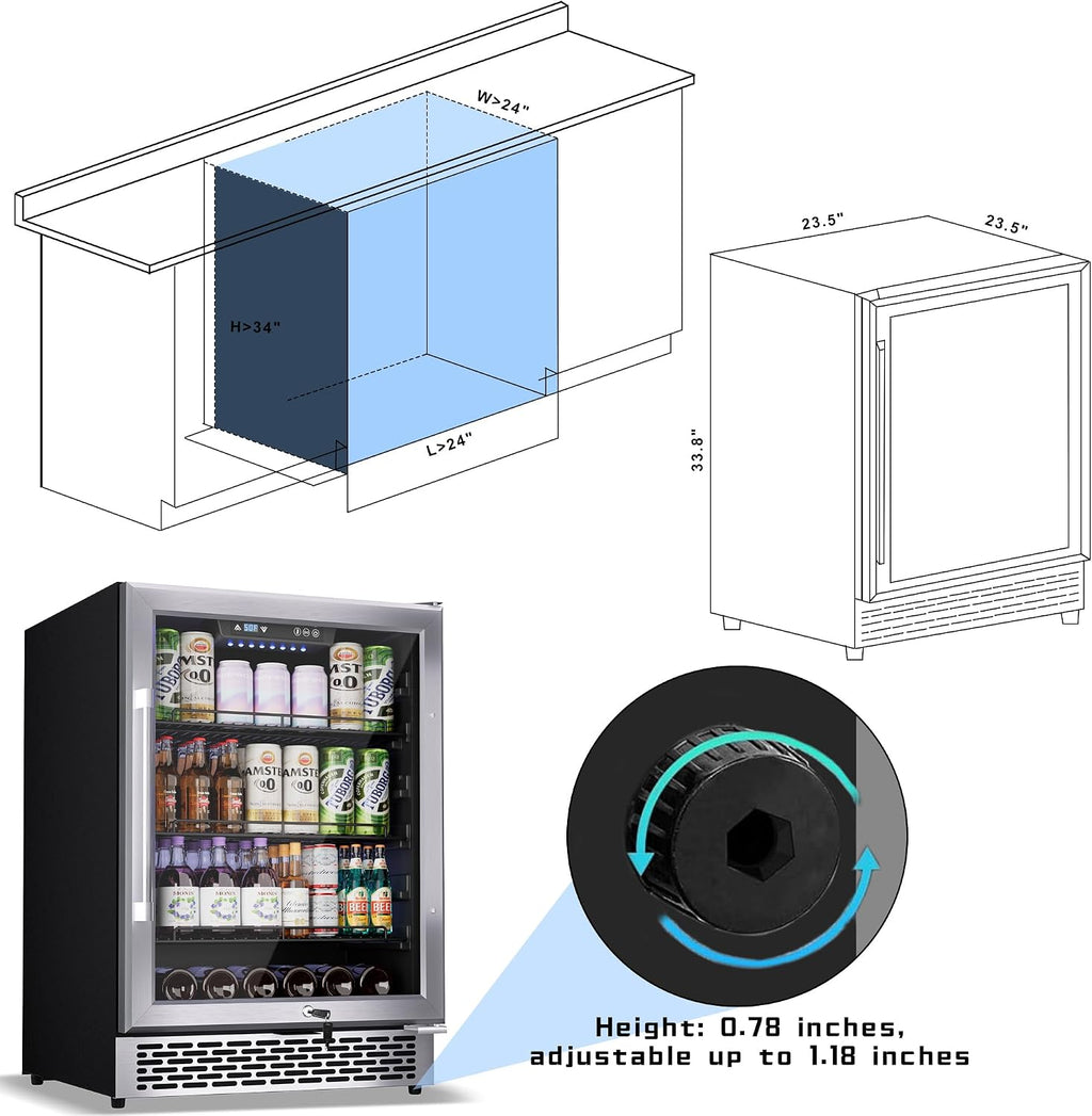 24-Inch Beverage Refrigerator, 200-Can Glass Door Cooler with Adjustable Shelves, Quiet Cooling, Freestanding or Under-Counter – Compatible with Beer, Soda, Wine, Milk, Suita