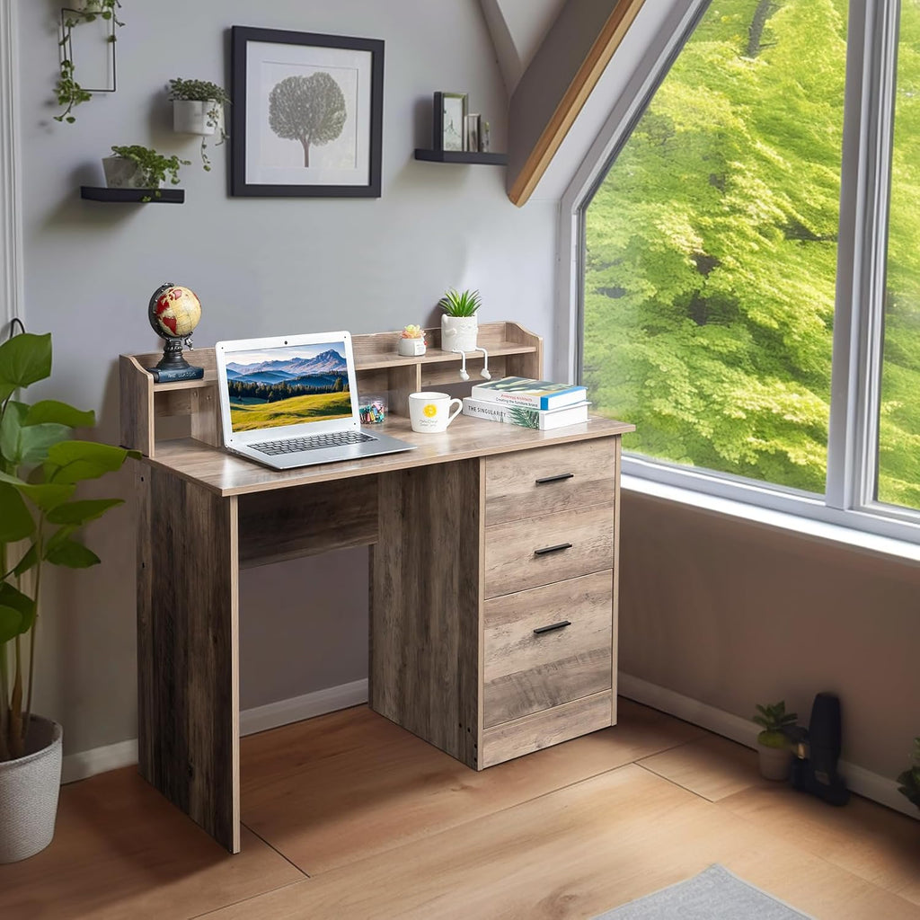 Karl home Grey Computer Desk with Drawers ＆ Hutch, Modern Home Office Desks with Storage for Kids Students Teens, Small Wood Table for Work Study Gaming Writing, PC Laptop Workstation