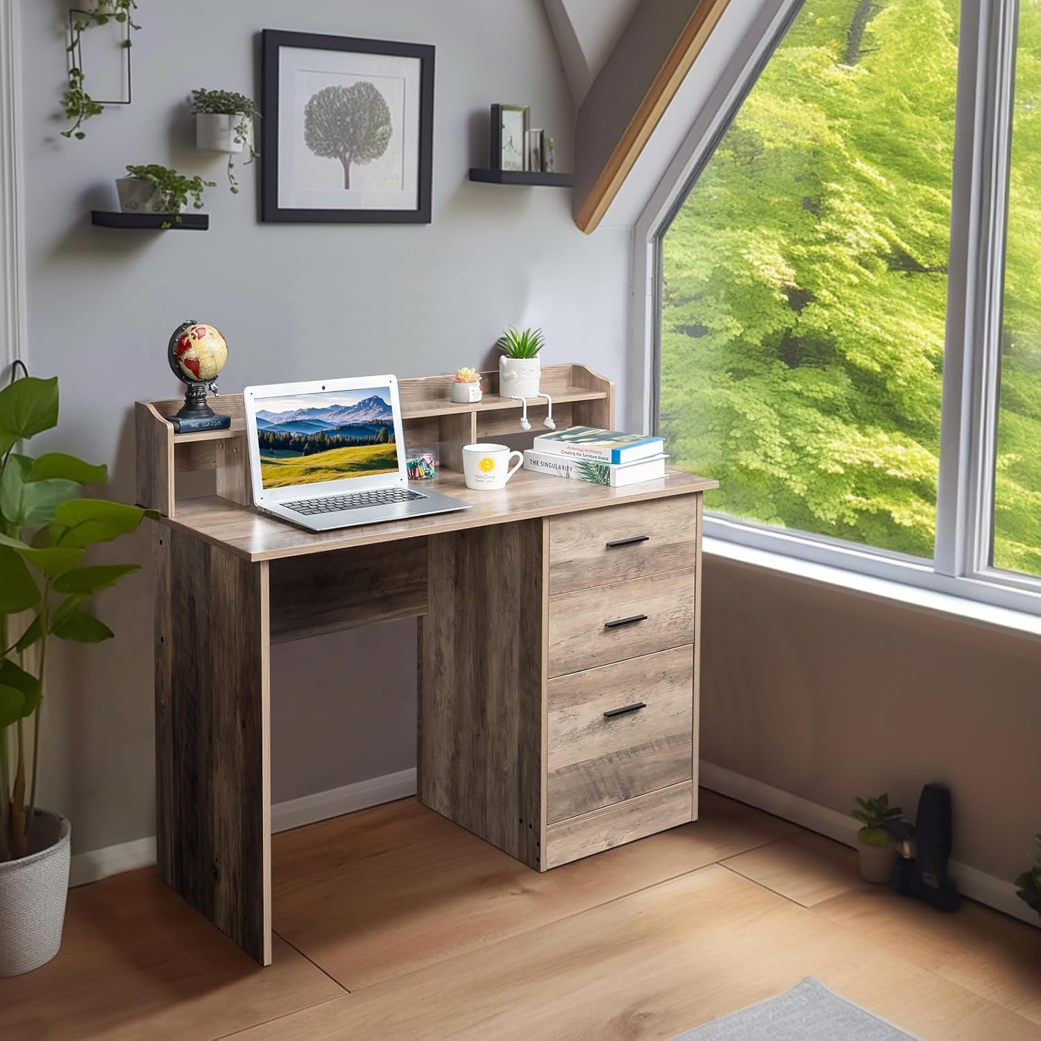 Karl home Grey Computer Desk with Drawers ＆ Hutch, Modern Home Office Desks with Storage for Kids Students Teens, Small Wood Table for Work Study Gaming Writing, PC Laptop Workstation