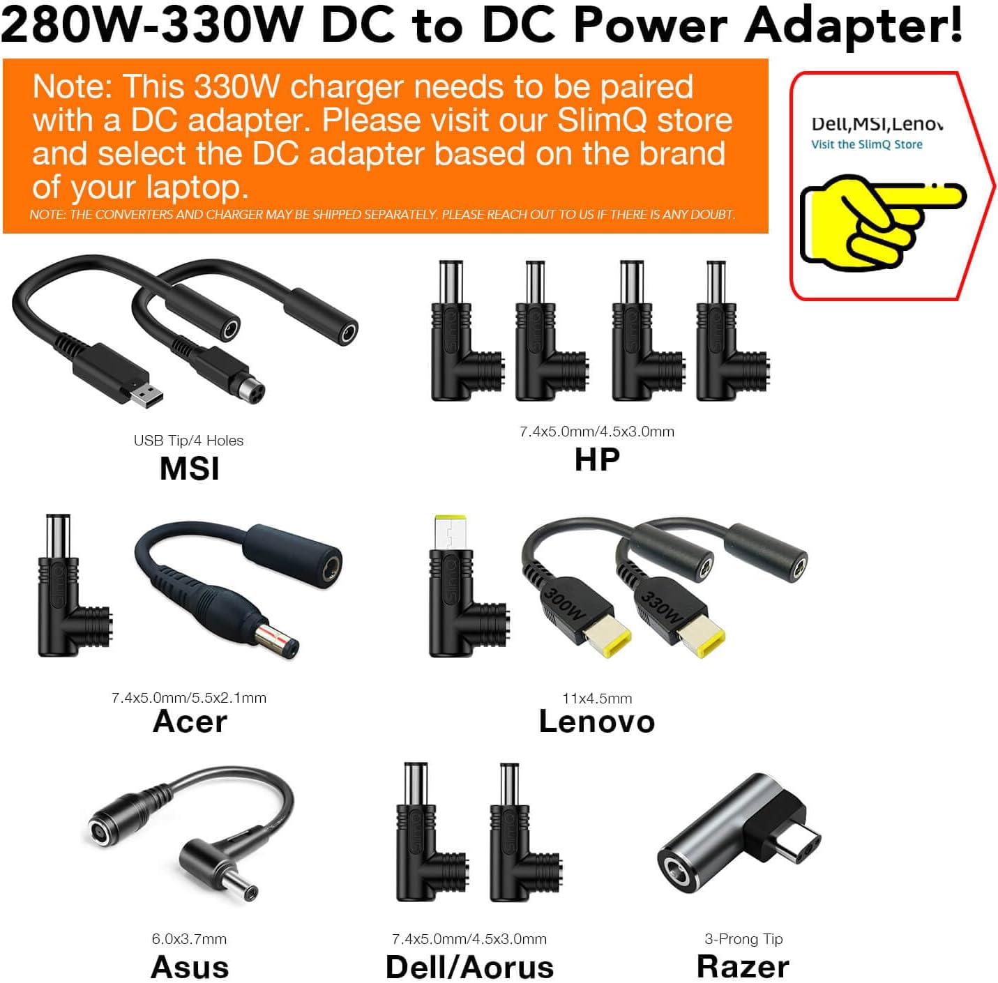 330W 20V 16.5A Gaming Laptop Charger – Multi-Port Power Adapter Power Supply AC Adapter with 1 DC & 2 USB-C Ports, Compatible with Dell, MSI, Lenovo, HP, Razer, Asus, Acer (Without DC Adapter)