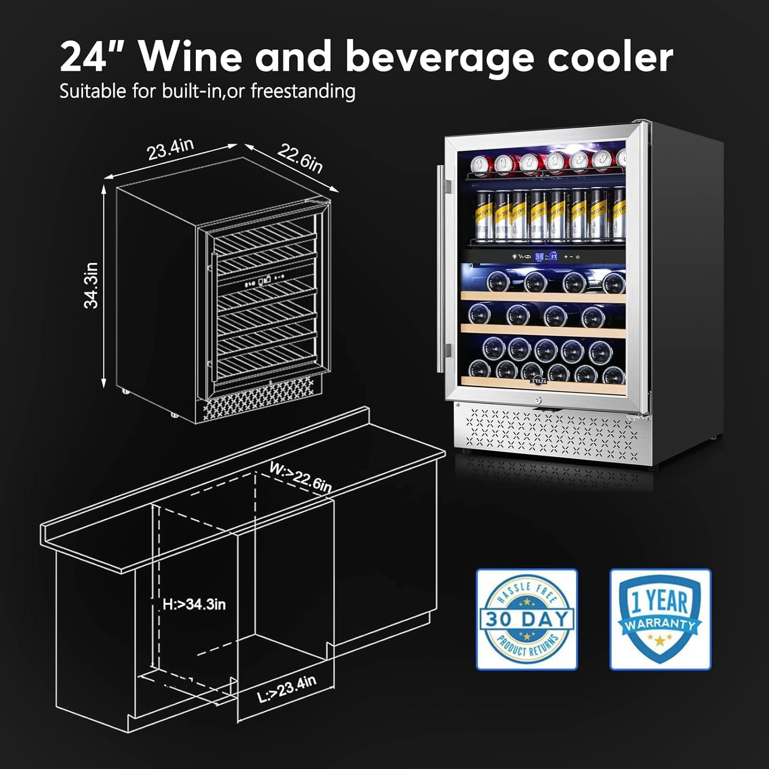 Tylza Wine and Beverage Refrigerator, 24 Inch Dual Zone Wine Fridge Built-in or Freestanding, Holds 100 Cans and 30 Bottles, Under Counter Wine Cellar with Double-Layer Glass Door, LED Light, Lock