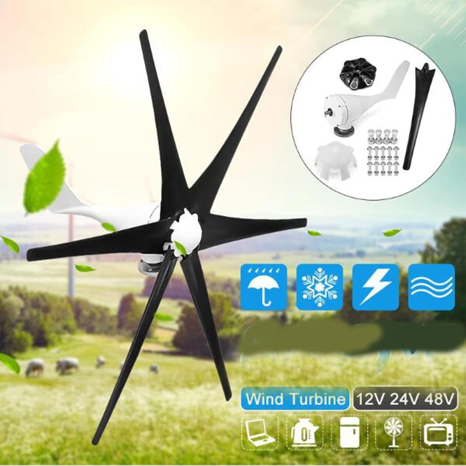 Efficiently 3000W Wind Turbine Generator Kit, 12V 24V 48V+ Charge Controller Black 6 Blade Wind Turbine Generator Kit for Home Or Streetlight Projects