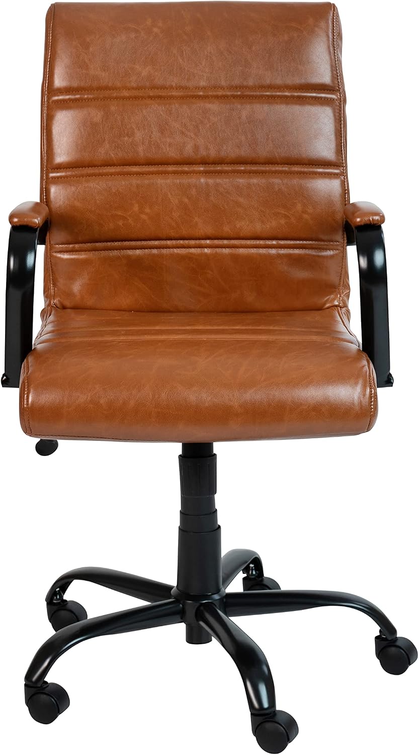 Flash Furniture Whitney Mid-Back Desk Chair - Brown LeatherSoft Executive Swivel Office Chair with Black Frame - Swivel Arm Chair