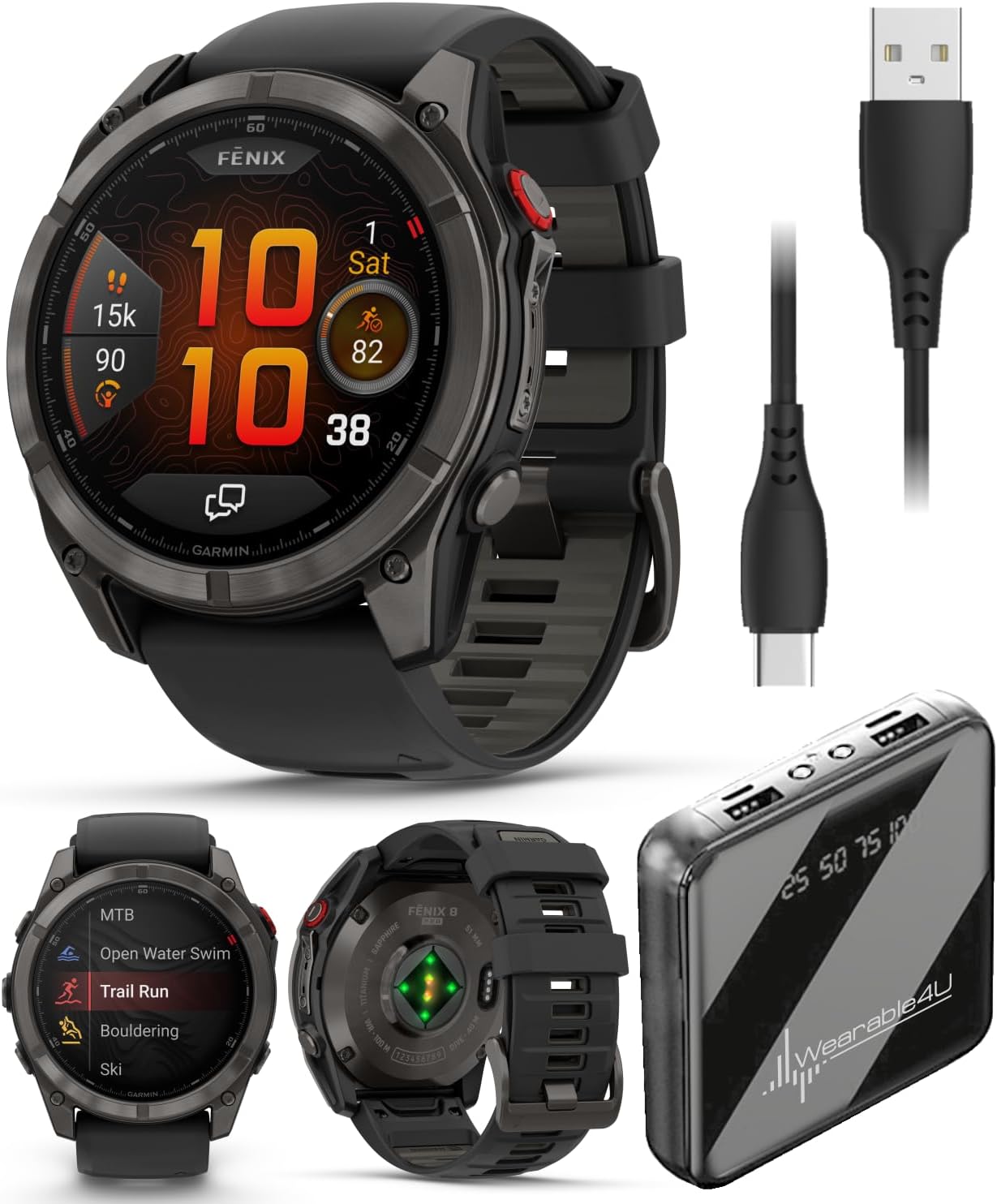 Wearable4U Garmin Fenix 8 Pro – 51mm AMOLED LTE & Satellite Connected Multisport GPS Smartwatch, inReach Technology: Sapphire Carbon Gray DLC Titanium w/Black-Pebble Gray Silicone Band Power Bundle