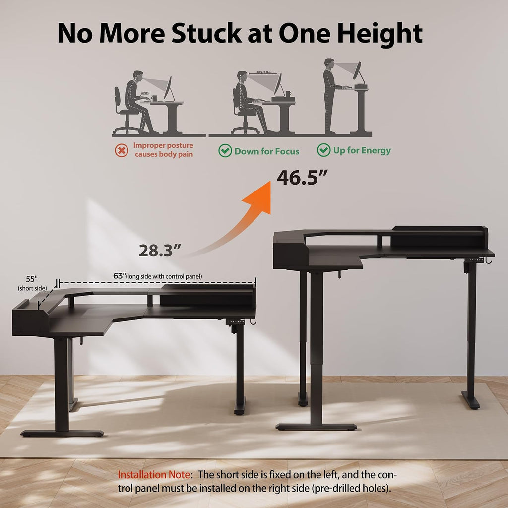 Agilestic L Shaped Standing Desk, Adjustable Height Corner Gaming Desk with Shelf, Sit Stand Up Desk, 63 x 55 Inch Home Office Computer Table, Black