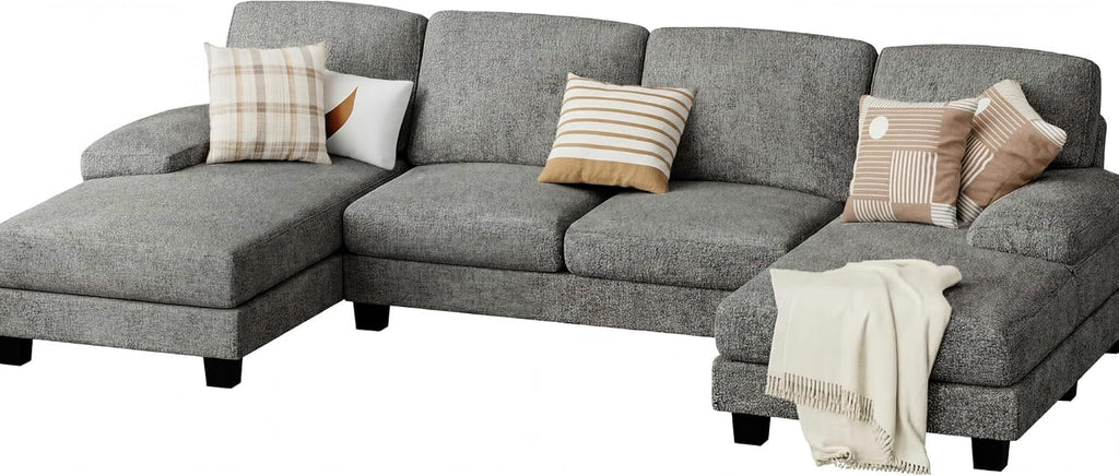 JUMMICO Sectional Couches for Living Room, U Shaped Couch with Chenille Fabric, 4 Seat Modern Sofa with Removable Pillows for Apartment and Small Space (Loop Yarn, Pearl Gray)