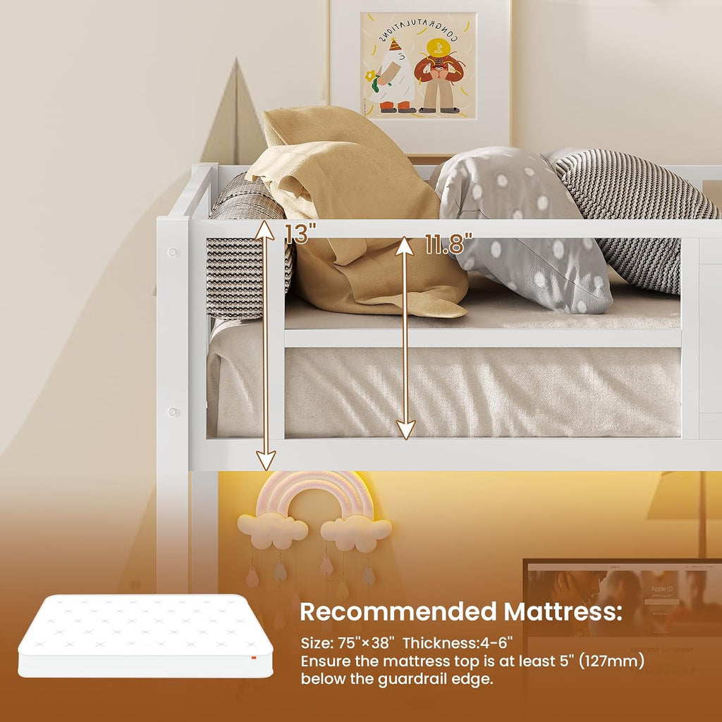 Itaar Stairway Twin Size Loft Bed with L Shaped Desk and Wardrobe, Metal Loft Bed Frame with Stairs, 3 Fabric Drawers, LED Lights & Charging Sation, No Noise & No Box Spring Needed, White