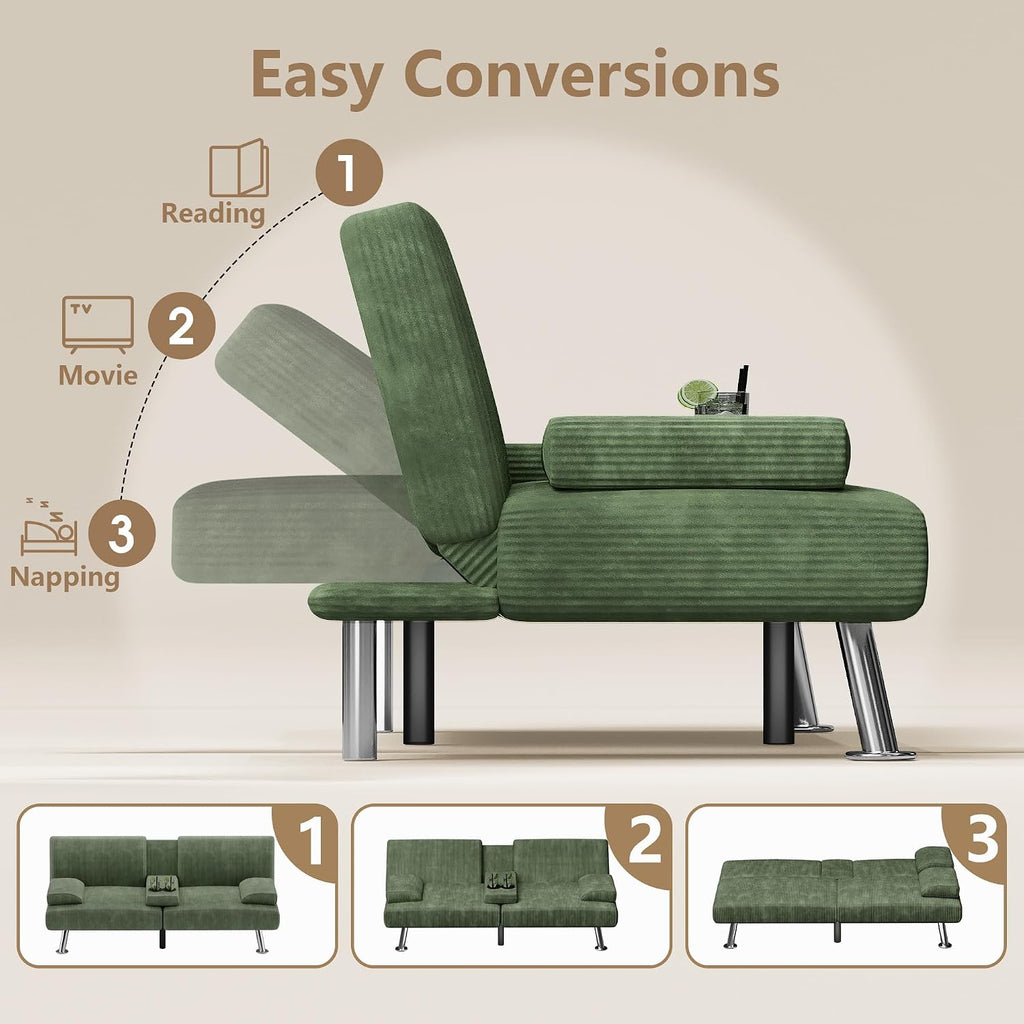 Flamaker Futon Sofa Bed Corduroy Folding Couch Adjustable Sleeper Sofa Bed for Small Apartment Upholstered Living Room Furniture Set with 2 Cup Holders Removable Armrests (Corduroy, Green)