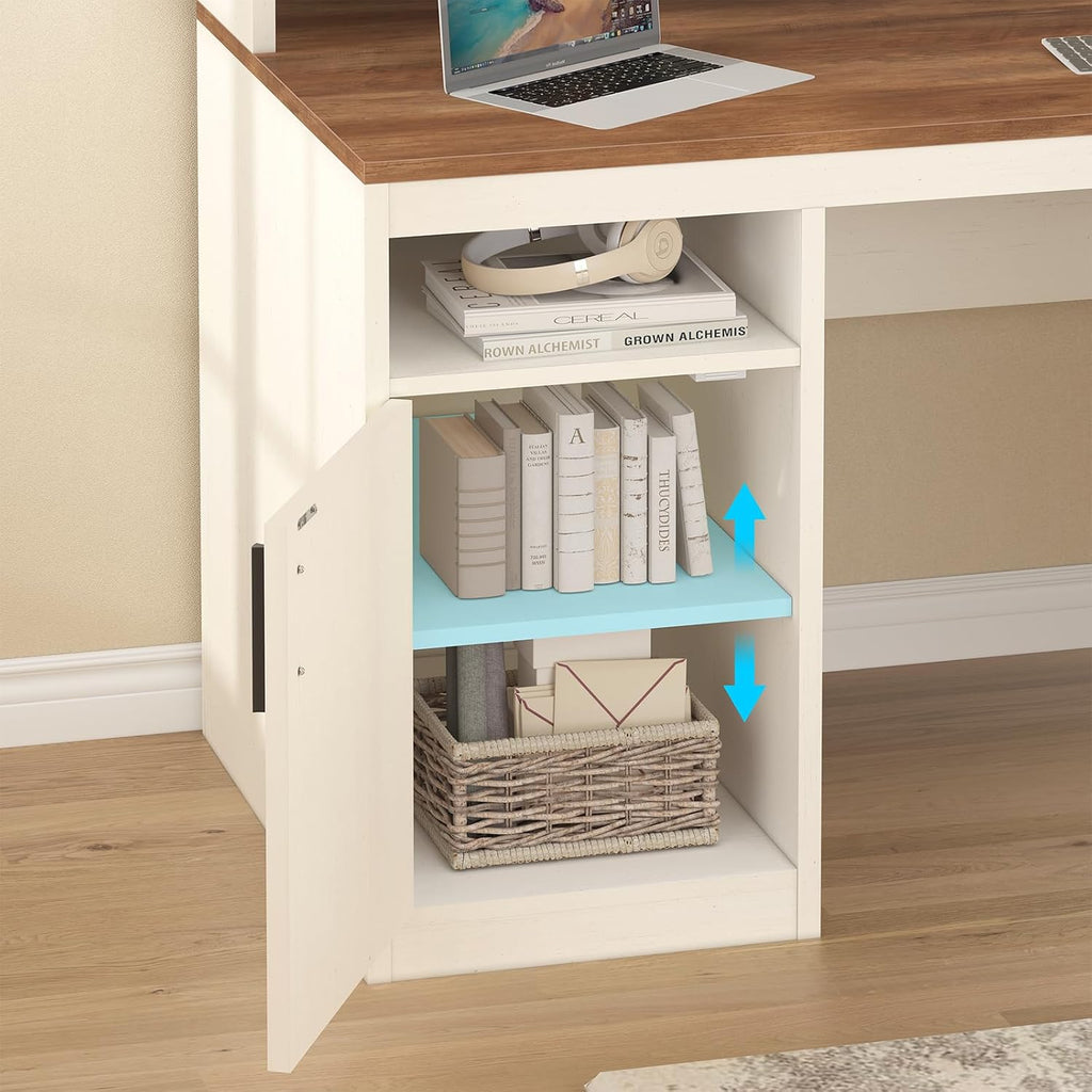 YOMILUVE 65 Inch Computer Desk with 3 Drawers & Storage Shelves, Executive Desk with File Drawer & Cabinet, Home Office Desk with Long Monitor Stand & Printer Shelf, Antique White