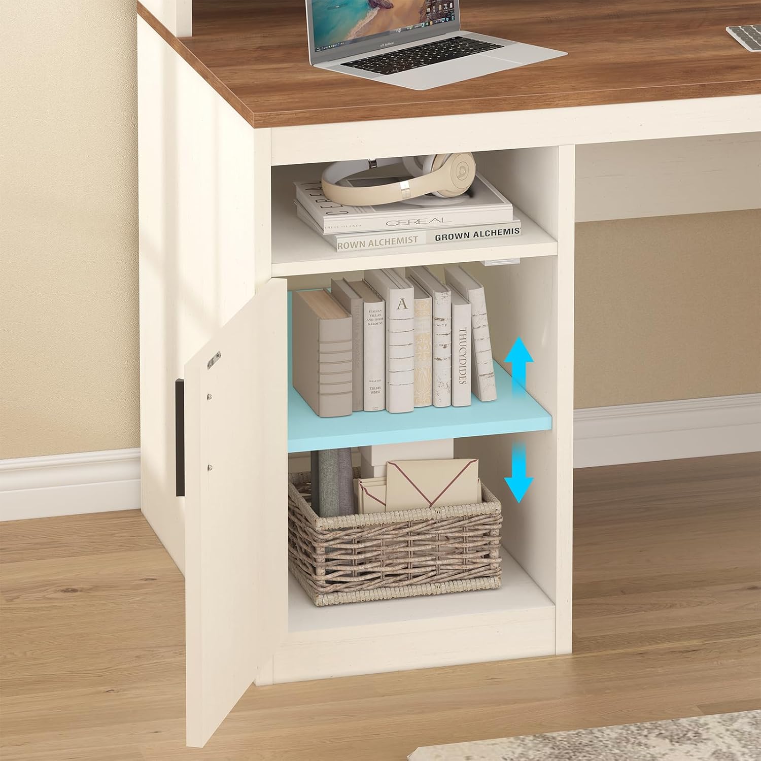 YOMILUVE 65 Inch Computer Desk with 3 Drawers & Storage Shelves, Executive Desk with File Drawer & Cabinet, Home Office Desk with Long Monitor Stand & Printer Shelf, Antique White