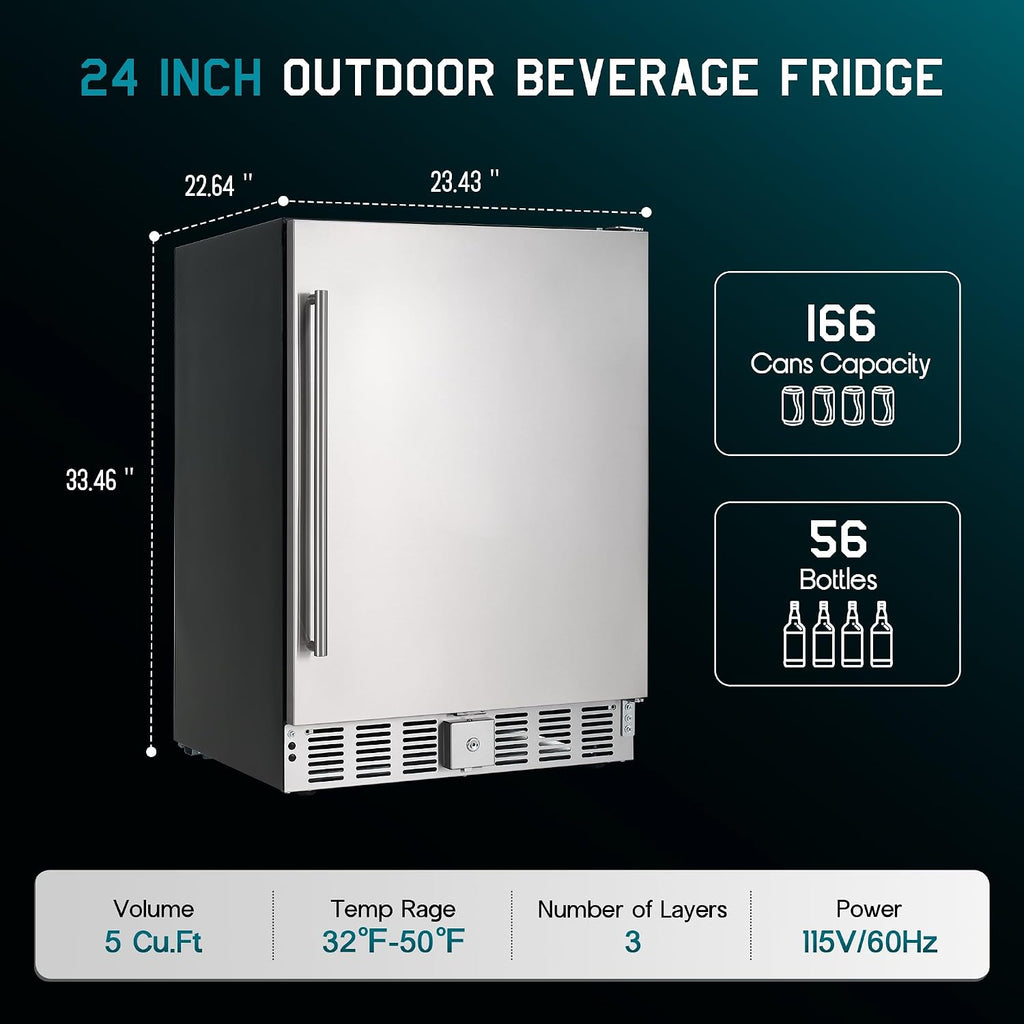 Albott 24 Inch Outdoor Beverage Fridge, 5.0 Cu.Ft Beverage Refrigerator Holds 166 Cans, 32-50°F Drink Cooler with IPX4 Waterproof Design, Auto-Defrost, Build-In or Freestanding for Patio & Backyard