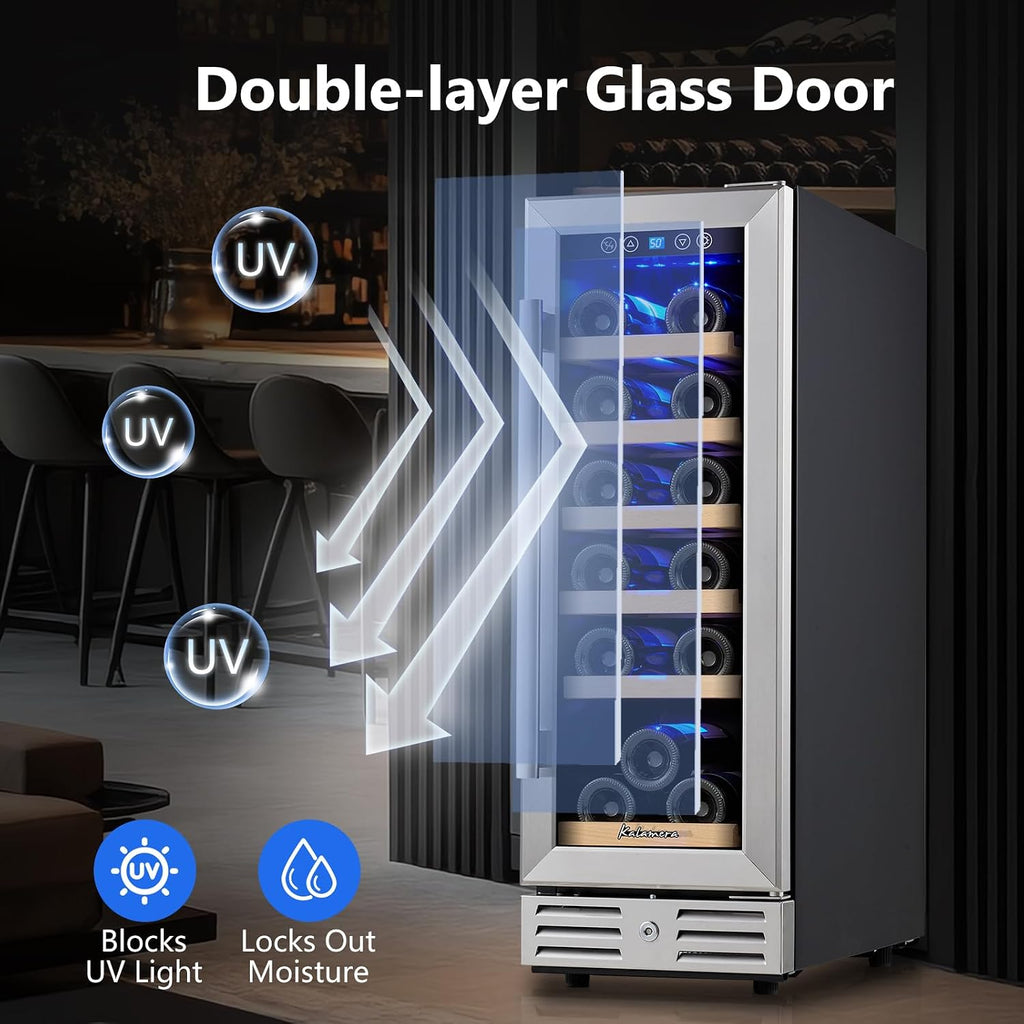 Kalamera Wine Fridge 18 Bottle - 12 inch Mini Cooler Refrigerator, Built-in or Freestanding, with Stainless Steel & Double-Layer Tempered Glass Door, and Temperature Memory Function