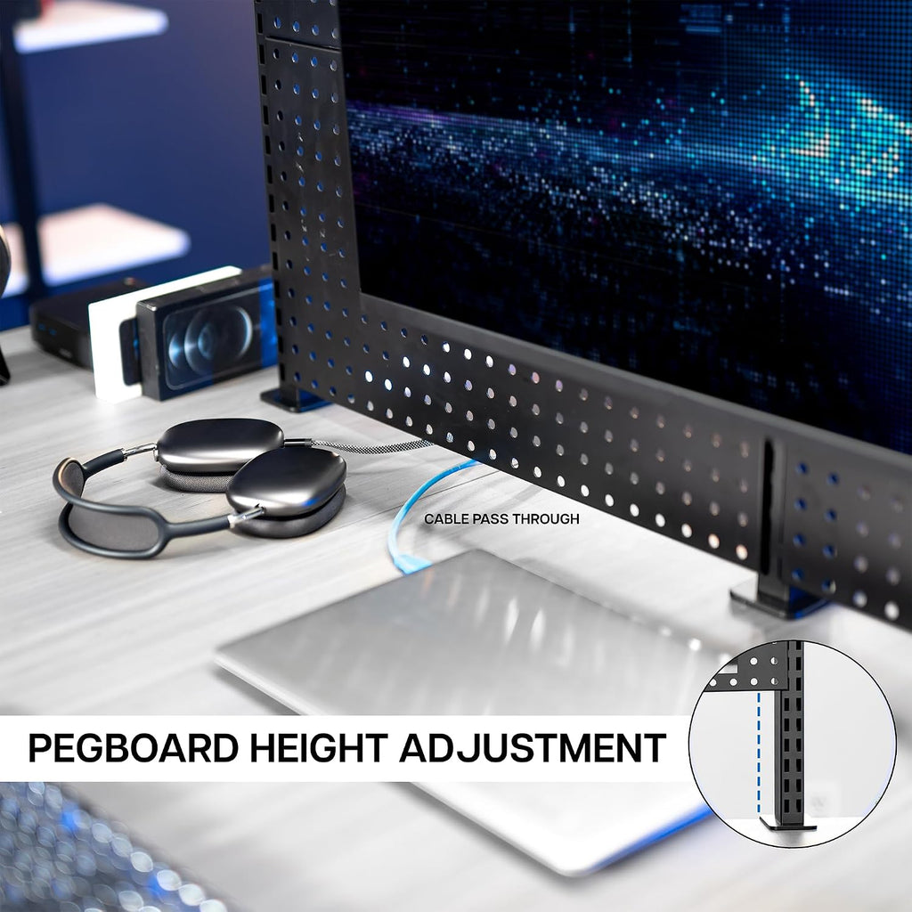 VIVO Steel Triple Clamp 47 x 31 inch Desk Pegboard System with 2 Monitor Mounts and Storage Shelf, Fits up to 32 inch Screens, Office Accessory Organizer, Black, PP-DK48SB