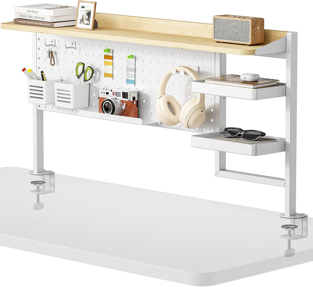 PEGZONE Clamp on Desk Shelf, 44' Desktop Shelving System with Pegboard and Accessories, Desktop Organizer with 2-Tier Shelf, Desk Pegboard for Gaming Office, White