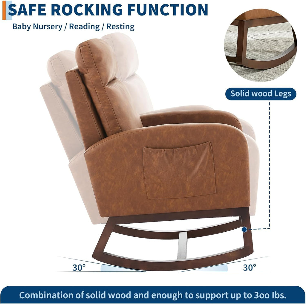 Nursery Glider Rocking Chair with 2 Side Pockets - Solid Wood Legs, Cozy Armchair for Baby Room, Living Room, Bedroom, Comfortable Nursery Essential(Rustic Brown)