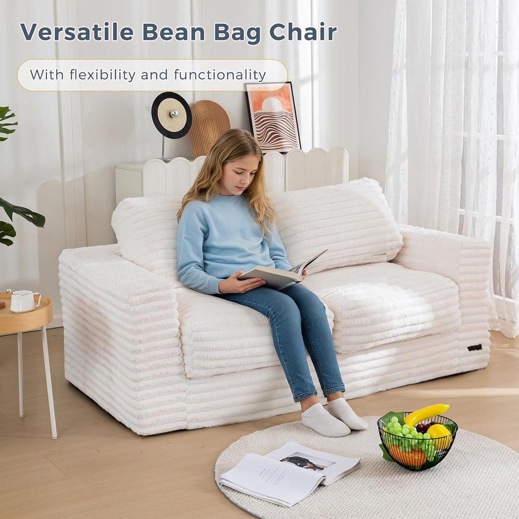 MAXYOYO Giant Bean Bag Chair for Adults, Upholstered Loveseat Floor Sofa with Pillows and Armrests, Large Bean Bag Sofa Plush Chair Couch for Bedroom Living Room, White