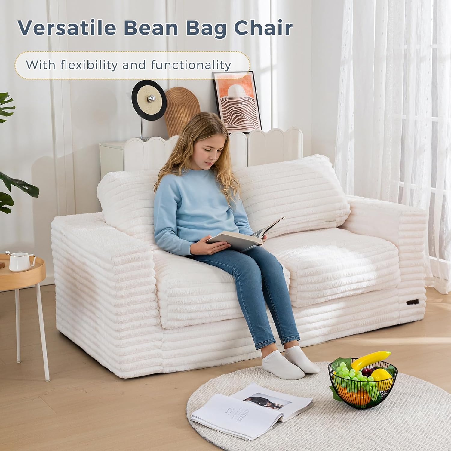 MAXYOYO Giant Bean Bag Chair for Adults, Upholstered Loveseat Floor Sofa with Pillows and Armrests, Large Bean Bag Sofa Plush Chair Couch for Bedroom Living Room, White