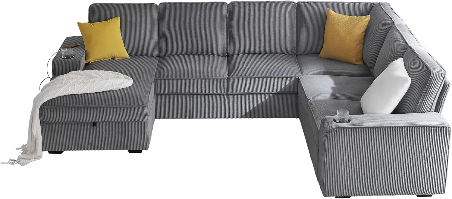 AMERLIFE 112 Inch U Shaped Couch, Oversized Couch with Storage Chaise & Cup Holders, Sectional Sofa with USB & Type-C Charging Ports, Corduroy Grey