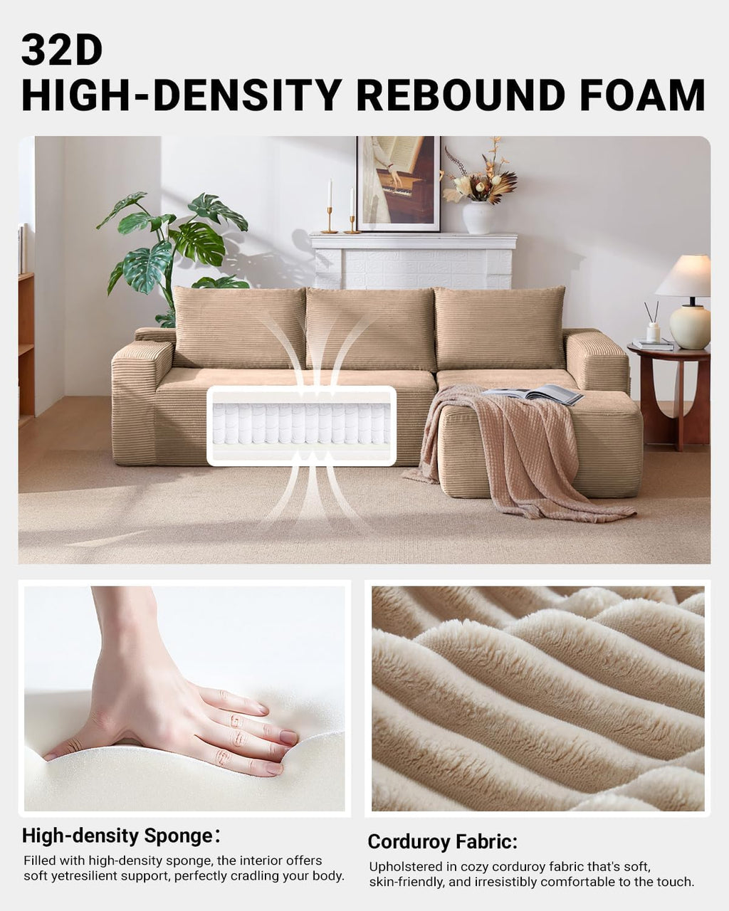 97' Cloud Sectional Couch,Modern Modular Sectional Sofa with Deep Seat,Corduroy Boneless Couches with L-Shape Chaise for Living Room Bedroom,No Assembly Required (Camel, 97' Right Facing Chaise)