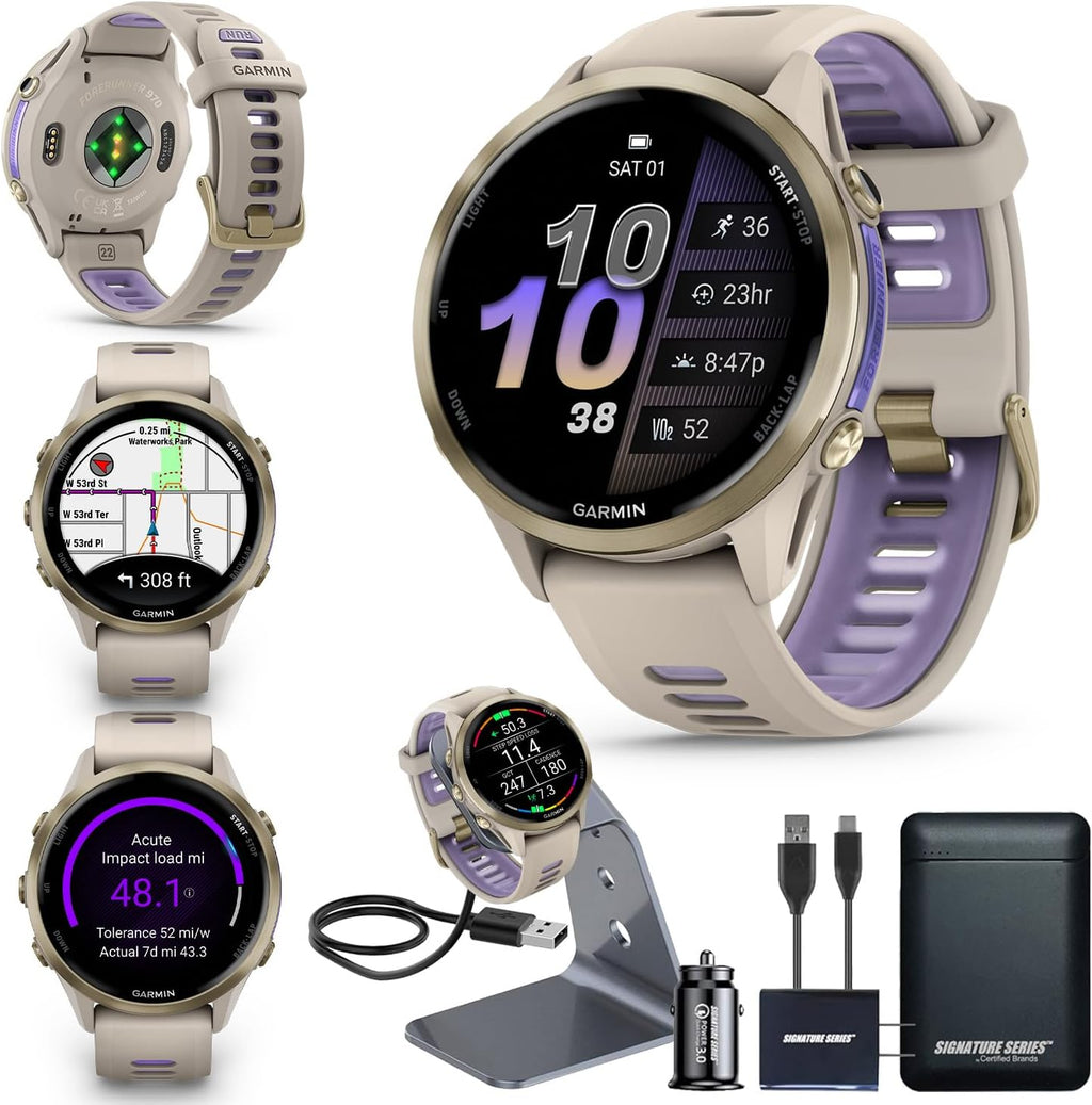 Garmin Forerunner 970 GPS Running Smartwatch, French Gray | Premium Training & Recovery, Sleep Coach, Heart Rate, Download Music, Up to 15 Day Battery | Signature Series Power Bundle