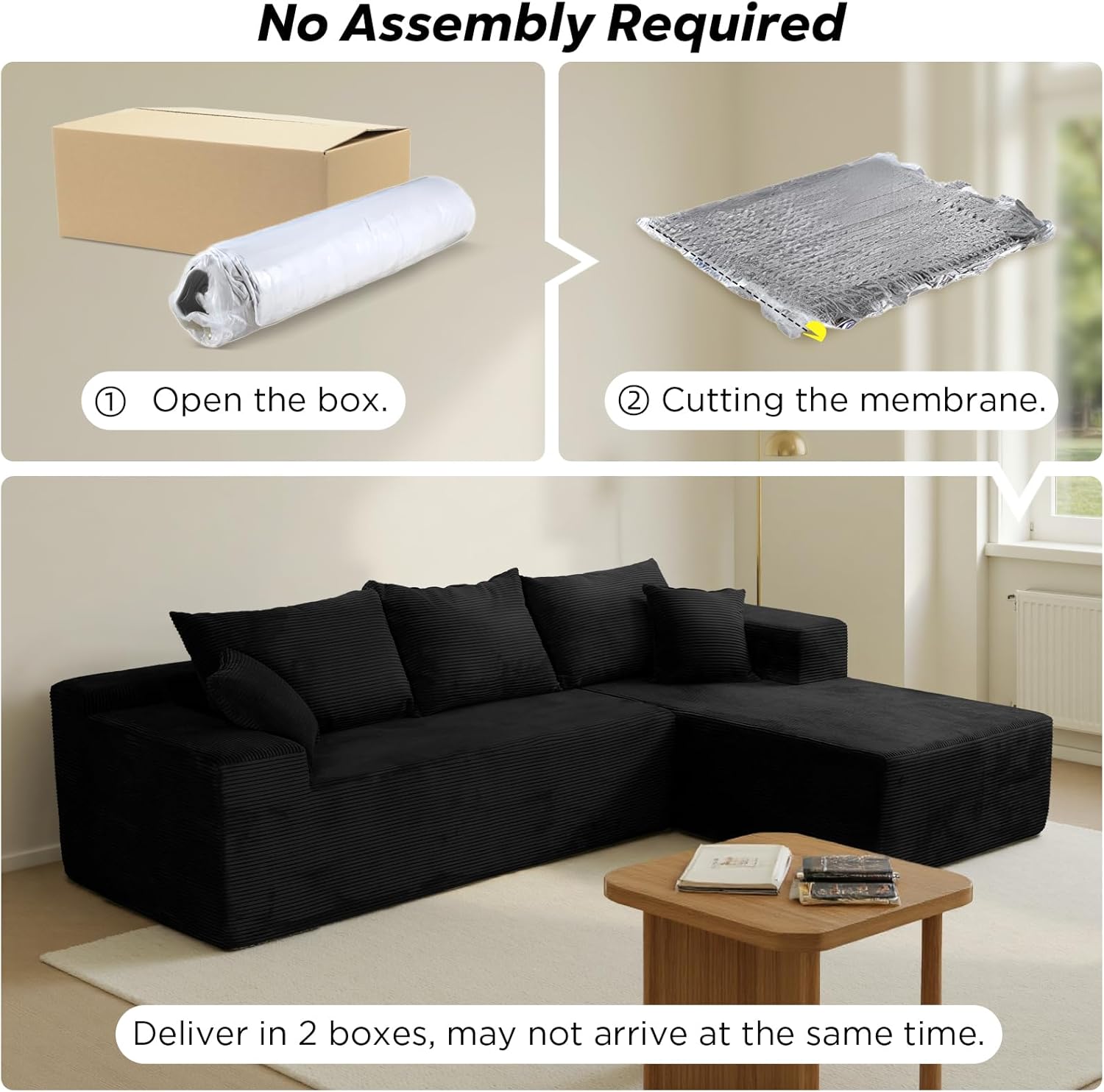 Black 103' Cloud Couch Sectional Sofa in Box with L-Shape Chaise,Modern Modular Couches Upholstered with Deep Seat for Living Room,No Assembly Required