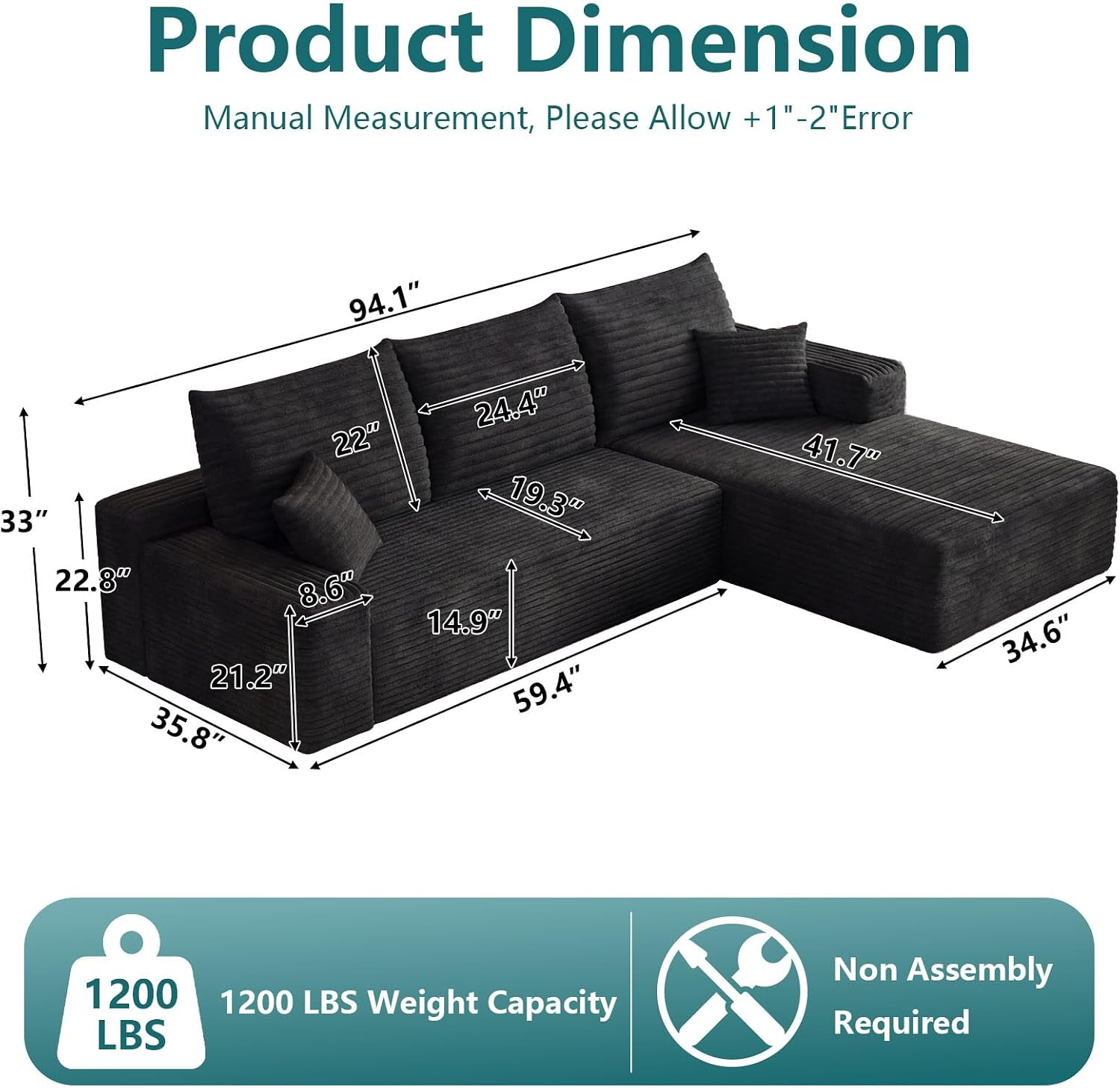 95' Modular Sectional Couch, Boneless L Shaped Cloud Sofa with Chaise Lounge, Corduroy Upholstered Couches Memory Foam Deep Seat, No Assembly Required, Ideal for Living Room(Black, Right Facing)