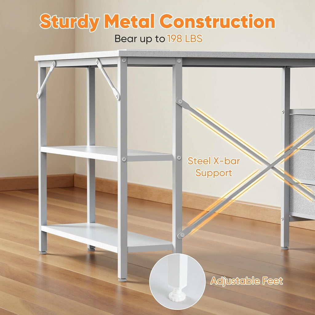 Alpen L Shaped Gaming Desk with Power Outlets, 47 Inch Computer Desk with 3 Drawers and Shelves, Corner Desk for Gaming, Study Writing PC Table with Storage and Reversible Shelf, White