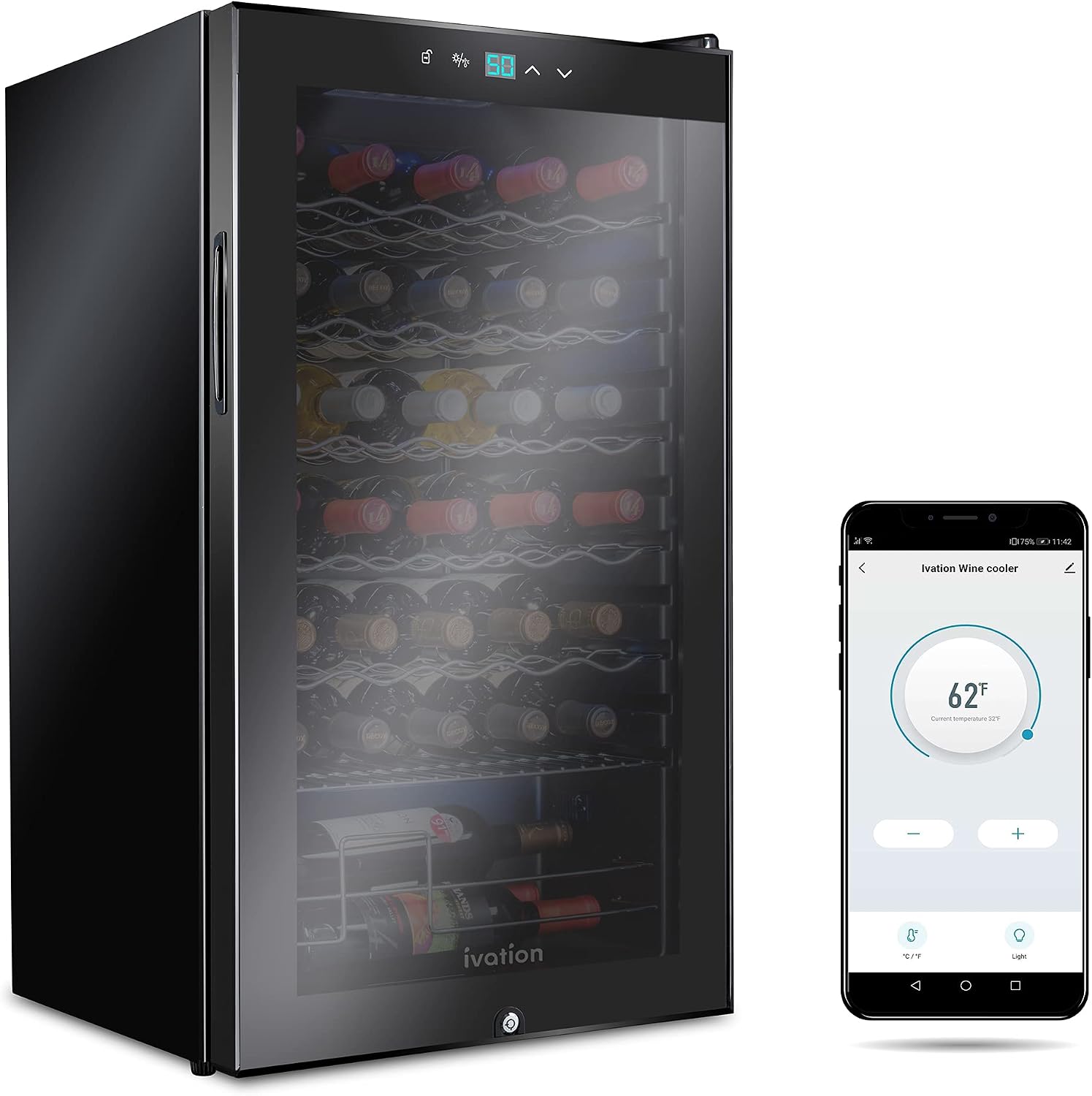 Ivation 34 Bottle Compressor Wine Cooler Refrigerator with Wi-Fi Smart App Control Cooling System | Large Freestanding Wine Cellar Fridge For Red White Champagne or Sparkling, Black Glass Door & Lock