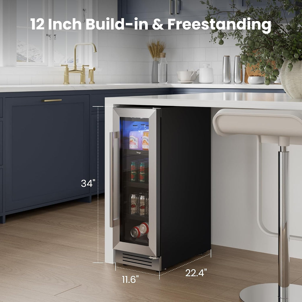 Yeego Beverage Refrigerator & Drink Fridge - 12 inch 60 Cans Beer Cooler Glass Door, 34-54℉ Under Counter Refrigerator Built-in for Drink Soda Wine for Bar Office Bedroom