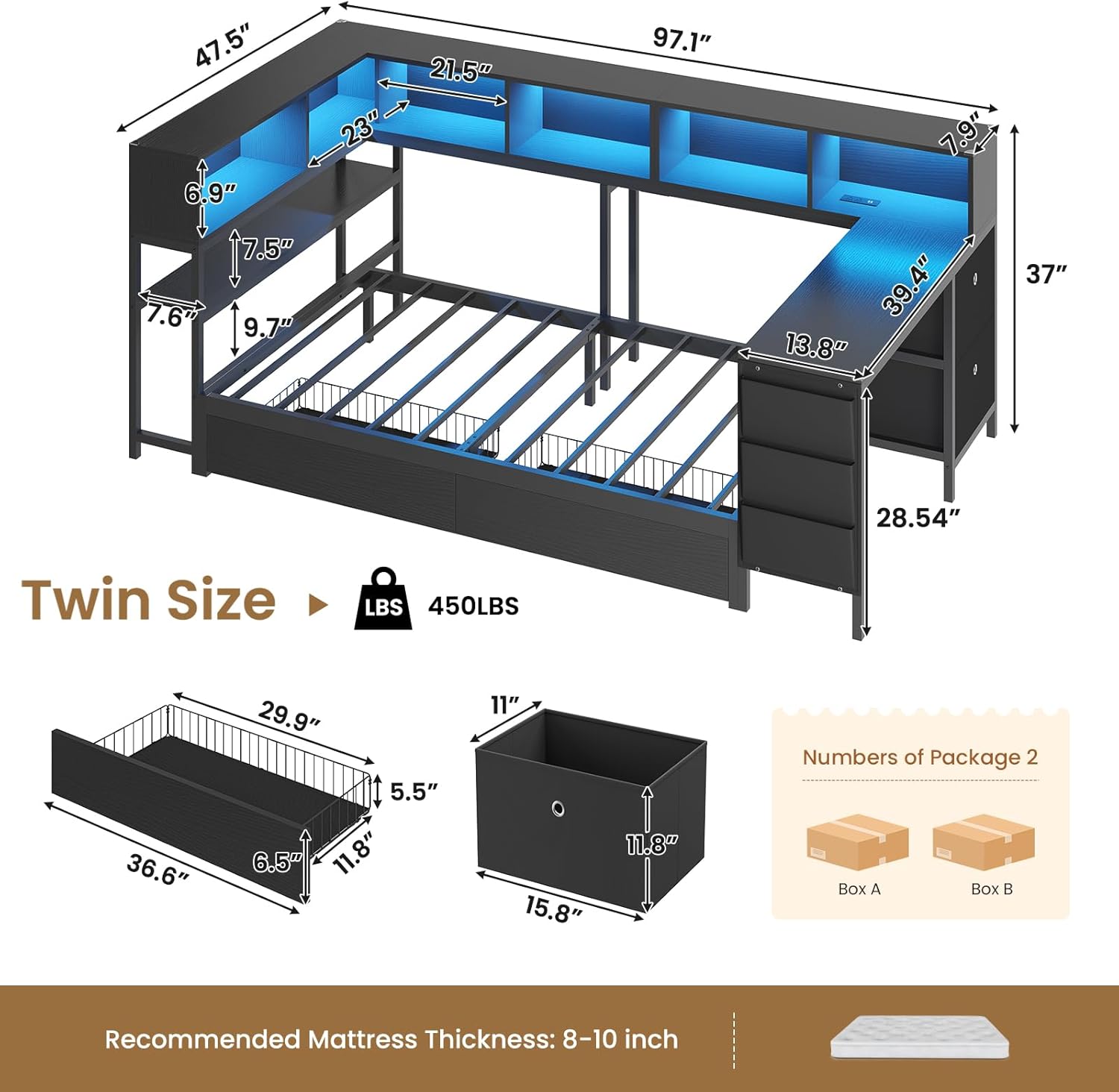 DICTAC Corner Twin Bed Frame with Desk,Charging Station and Bookcase Storage Twin Size Daybed for Kids/Teen with Storage Drawers,Led Lights and Shelves Twin Size Platform Bed Frame with Desk,Black