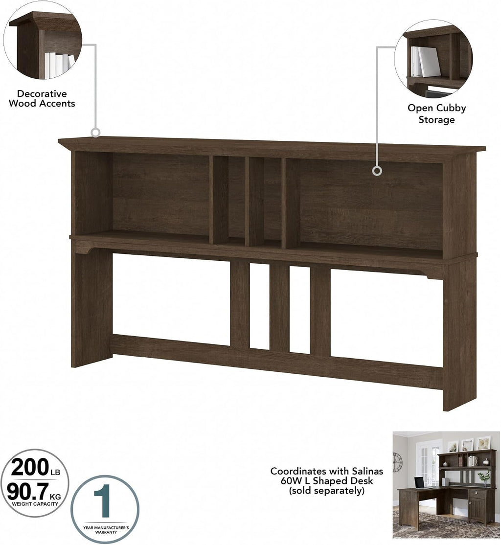 Bush Furniture Salinas L Shaped Desk with Hutch in Ash Brown, Corner Table with Drawers and Storage for Home Office