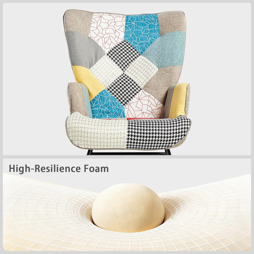 Nursery Rocking Chair, Baby Toddler Glider Rocker with Ottoman, Comfy Accent Chair, for Bedroom Living Room Small Spaces, Patchwork Linen, Colorful
