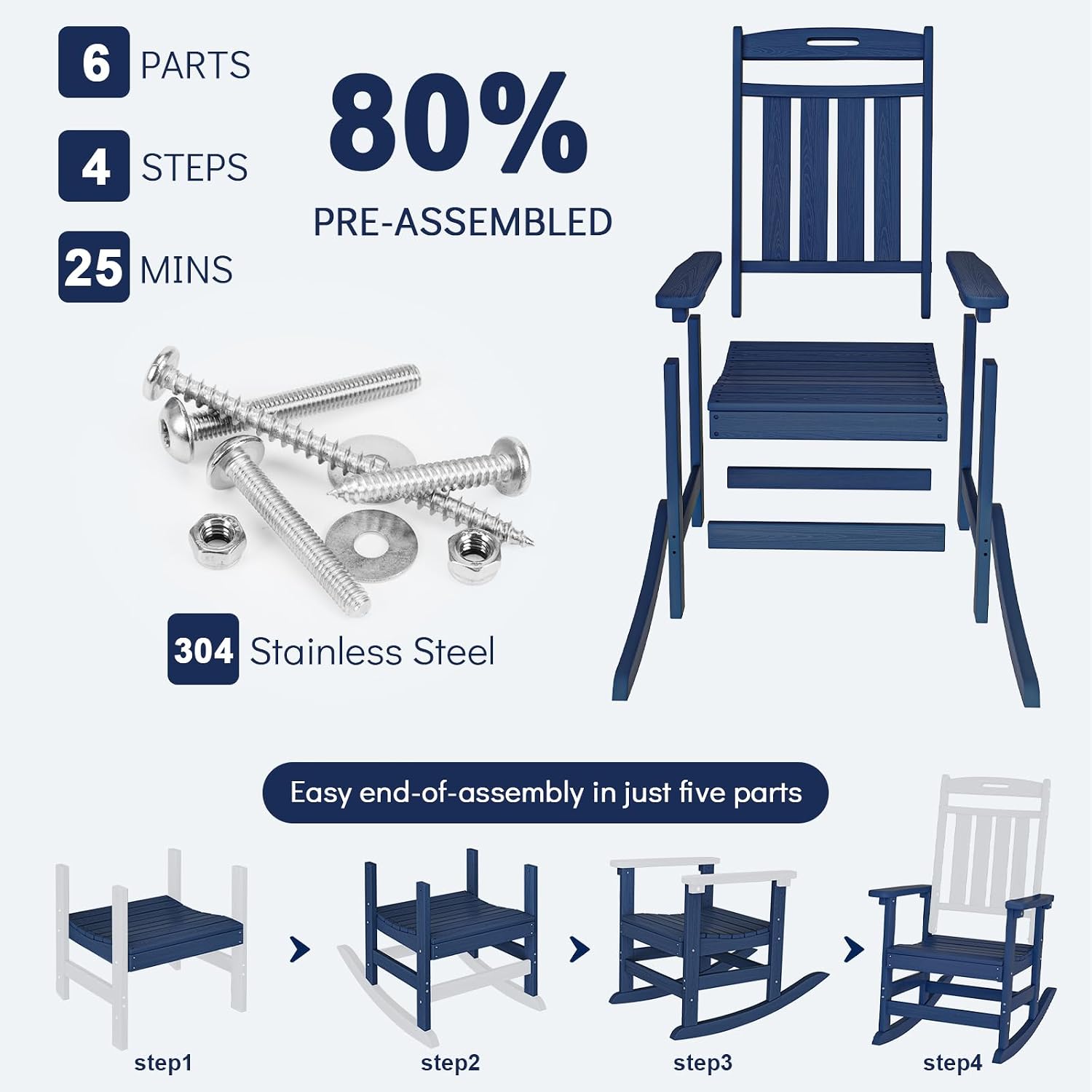 Plawdlik Oversized Outdoor Rocking Chair - All-Weather Resistant,HDPE Heavy Duty Patio Rockers with High Back - Perfect for Porch,Garden,Modern Style Set of 2-Navy Blue